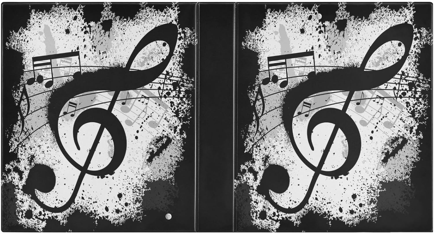 susiyo 3 Ring Binder 1.5 Inch Round Rings, Gunge Black Music Notes Round Ring Binders, Low Profile Clip Clipboards with 3 Clear Interior Pockets, Decorative Ring Binder for School Office Home