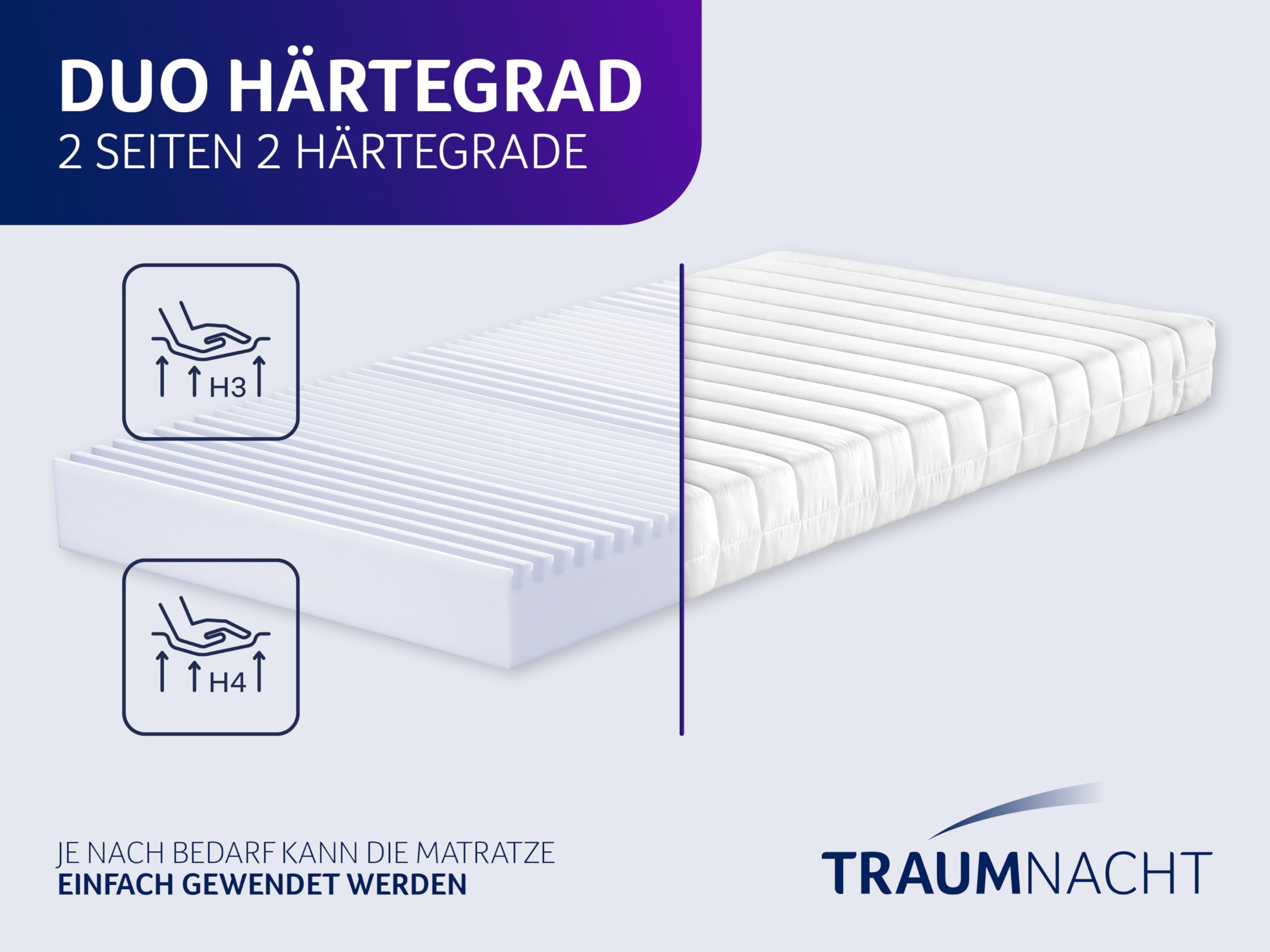 Traumnacht Easy Comfort 2 in 1 Duo materasso ortopedico schiuma comfort 7 zone, H3/H4, 90x200 cm, 11 cm, Oeko-Tex