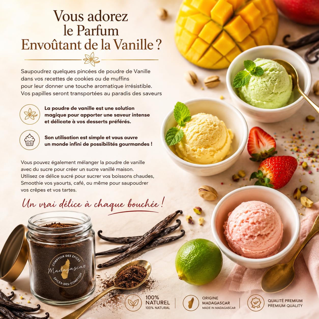 Comptoir Des Epices Madagascar Vainilla - Polvo de vainilla Bourbon (150 g) - vaina de vainilla pura molida - para café - Pastelería - Desertos - Cocina - Infusion (empresa francesa)