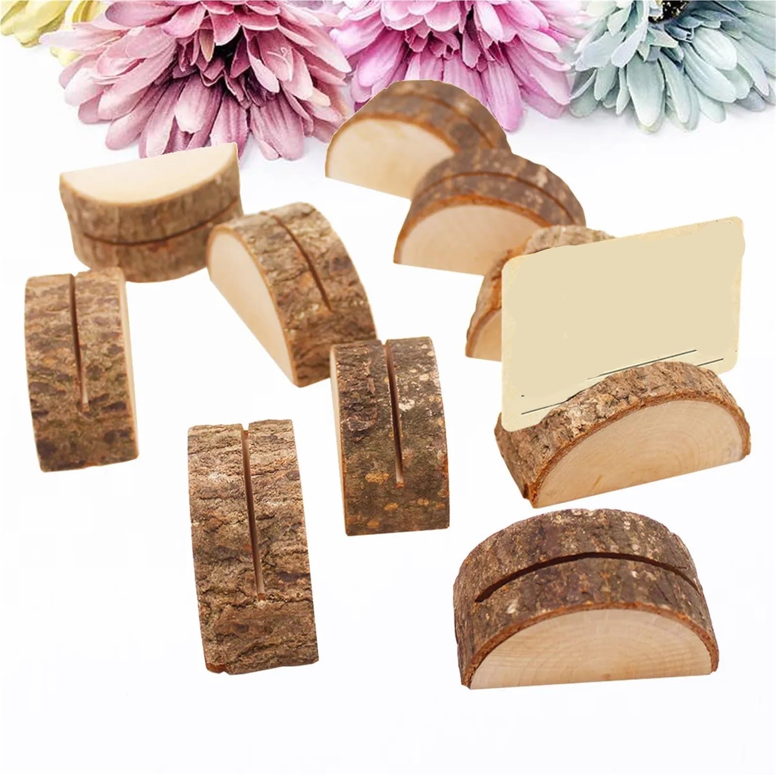 Memo-Clip-Halter, 50 Stück, Holz, halbrund, Rinden-Design, kompakt, leicht, Desktop-Ausweis, Fotomenü, Hochzeit, Tischnummernanzeige für Tische, Laden, Etiketten, Büro, Hochzeit, Party