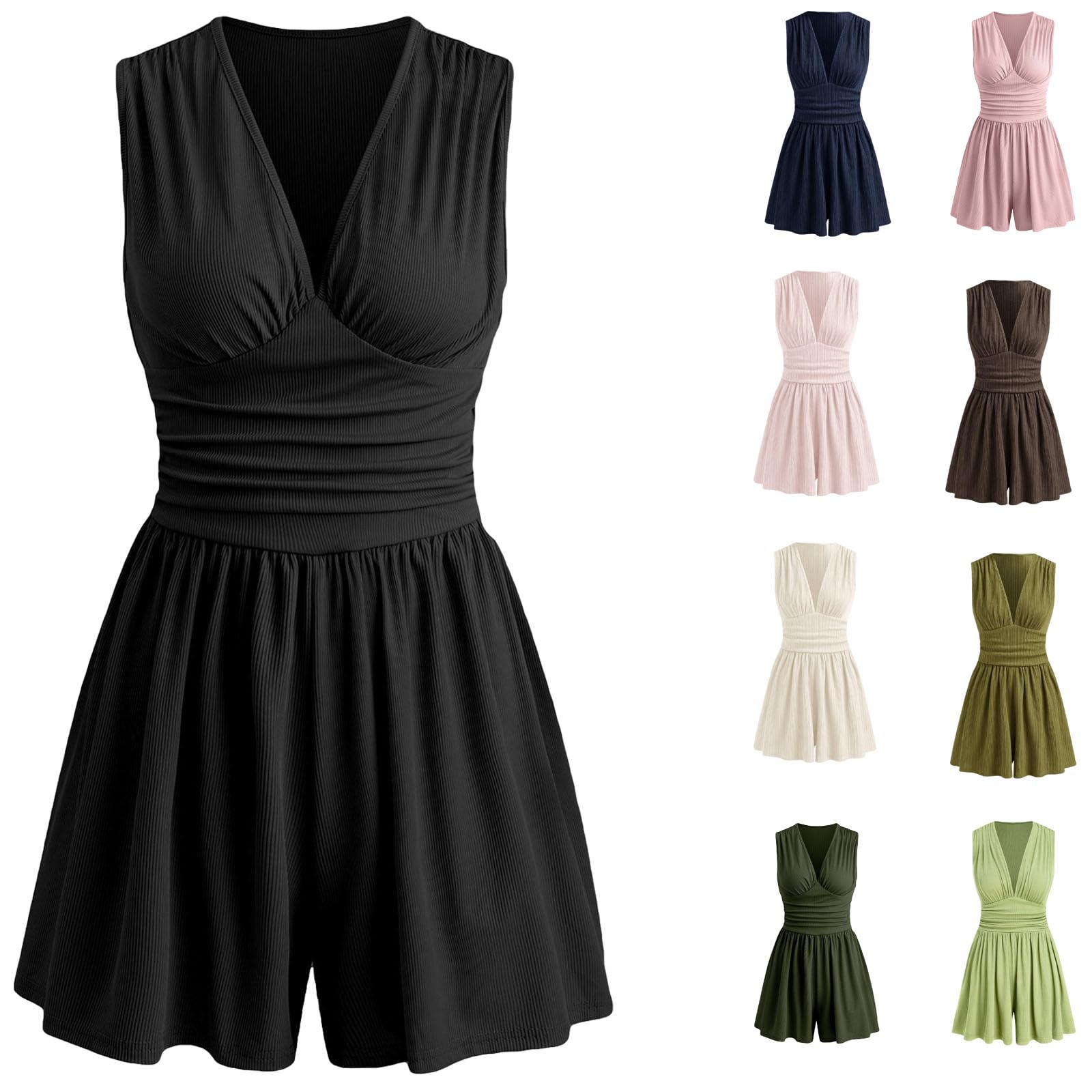 Romper da Donna Senza Maniche con Scollo a V e Vita Arricciata – Jumpsuit Corta Elegante con Scollo Profondo per Vacanze Estive al Mare