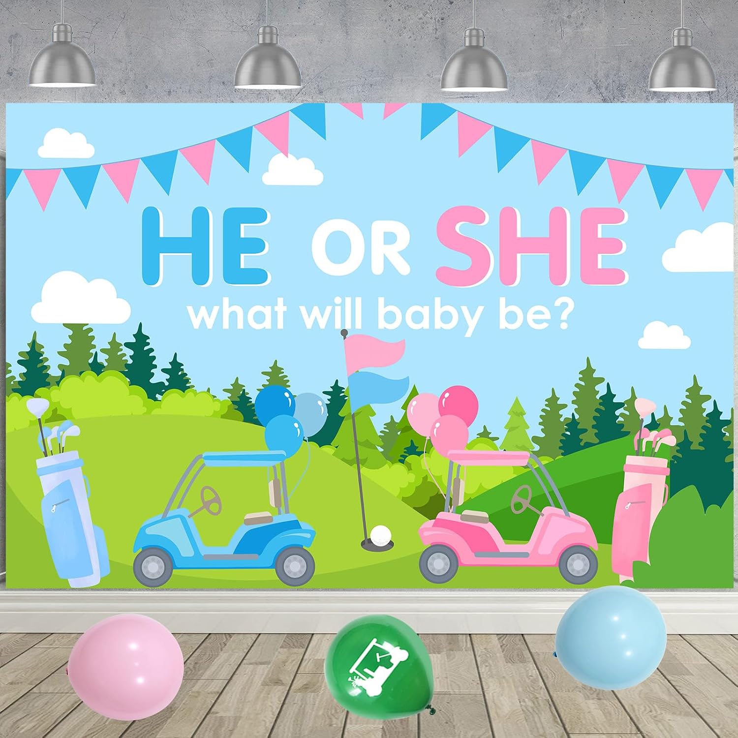 Golf Gender Reveal Decorations - He or She What Will Baby Be Backdrop Cake Topper with Cupcake Toppers, Golf Club Ball Balloons for Baby Shower Pregnancy Celebration Newborn Party Supplies