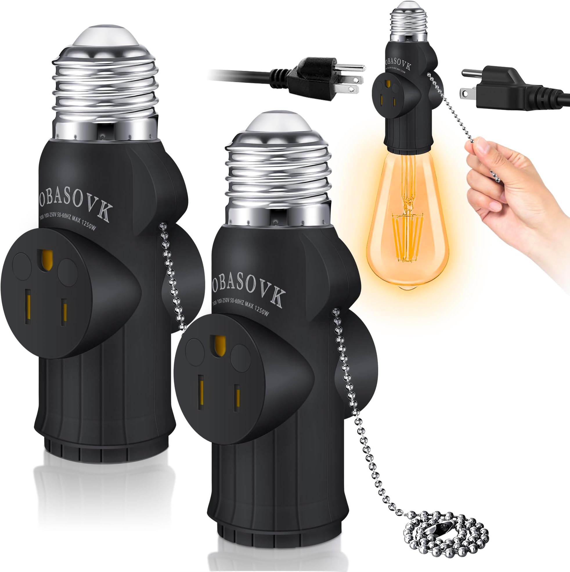 2Pcs Tobasovk 3 Prong Light Socket Adapter, Double Sides Both Support 3 Prong Light Socket to Plug Adapter, Heat-Resistant & Durable Materials Multifunctional Light Bulb Outlet Socket Adapter - Black