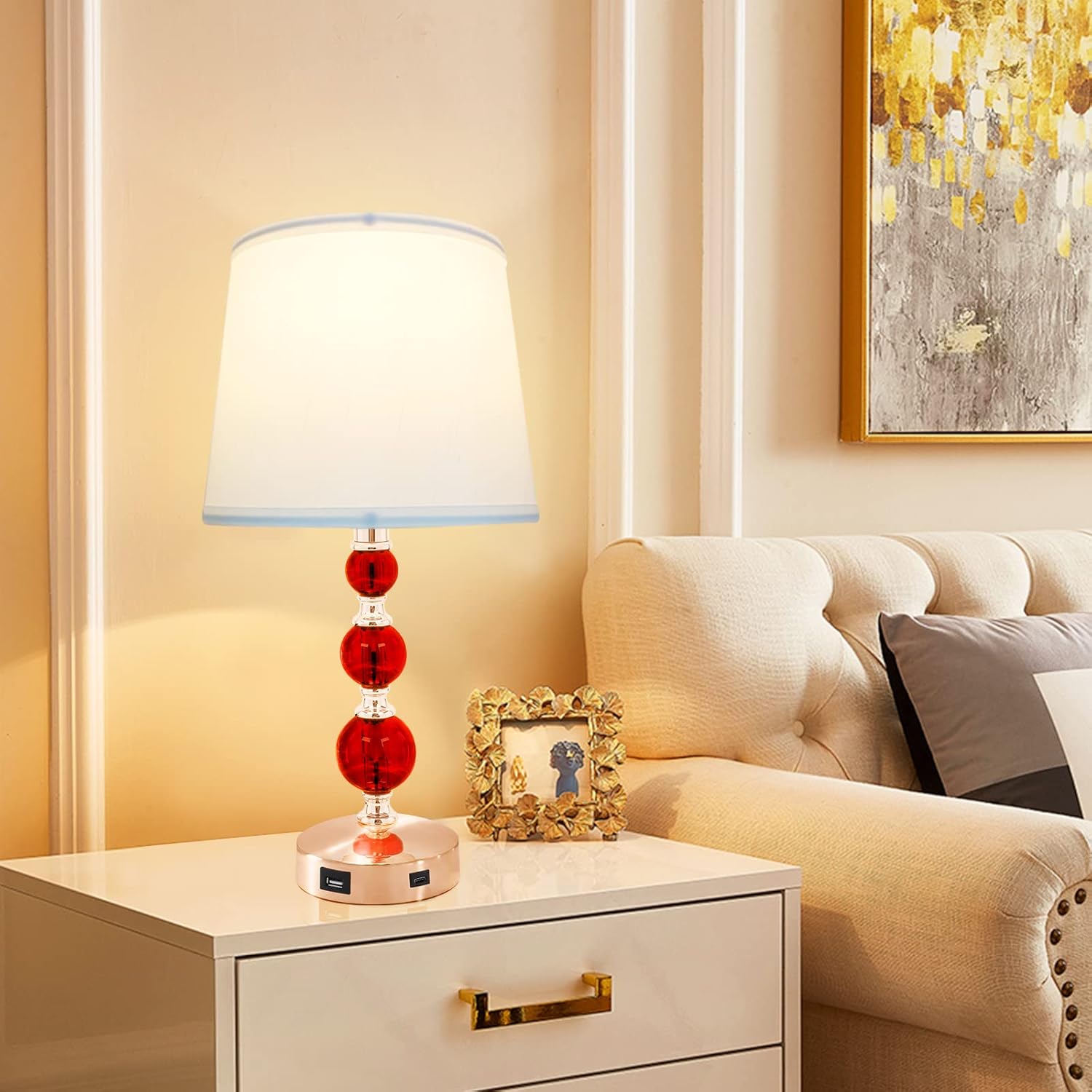 Crystal Table Lamp, Small Gold Table Lamp with USB Ports, 3-Way Dimmable Touch Lamp for Nightstand, Bedroom, Living Room, Red Crystal with Gold Base (LED Bulb Included)