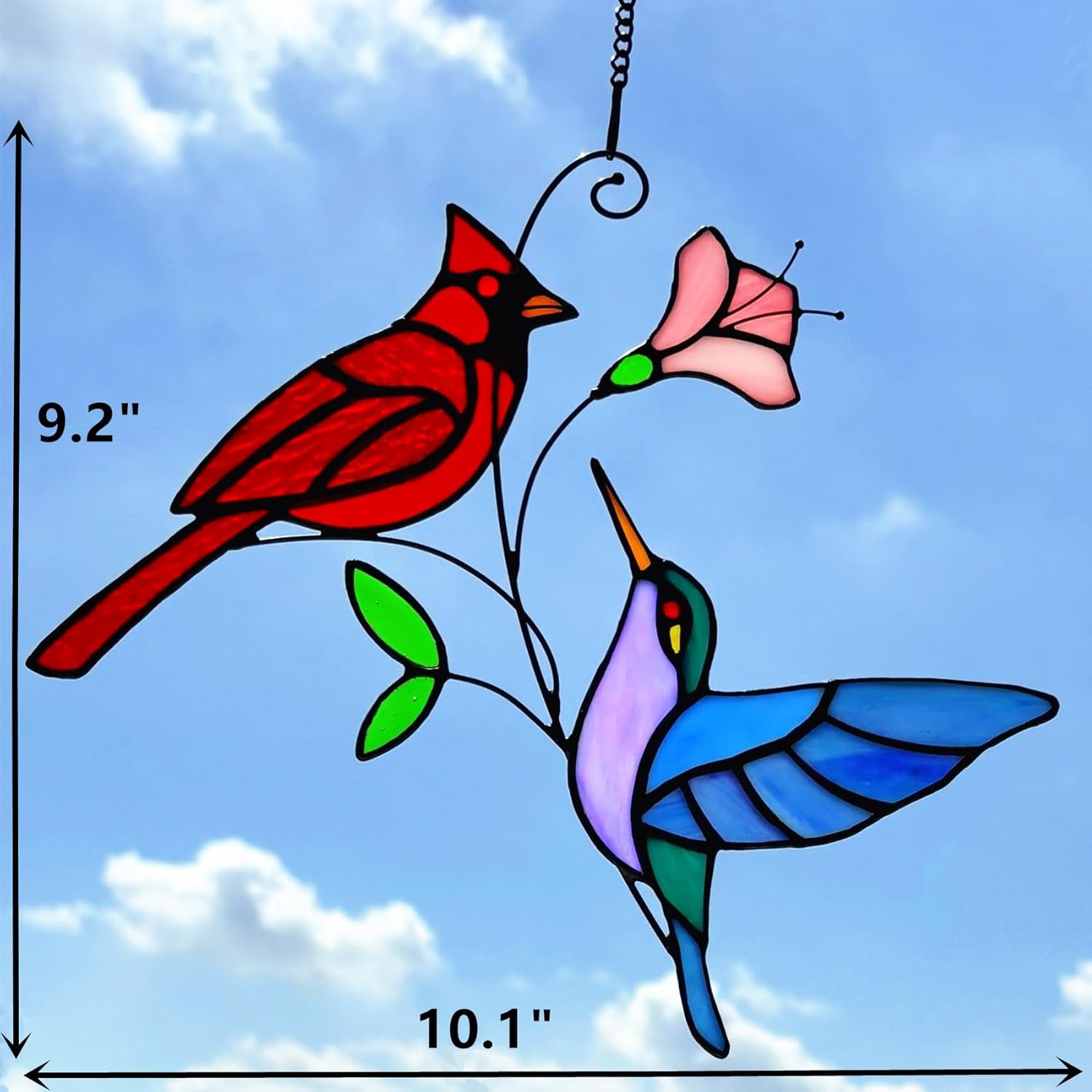 Stained Glass Red Cardinal with Hummingbird Suncatcher Window Hanging Ornament, Stain Glass Birds Sun Catchers for Window Decor,Red Cardinal Hummingbird Gifts for Women, Mom, Birds Lovers