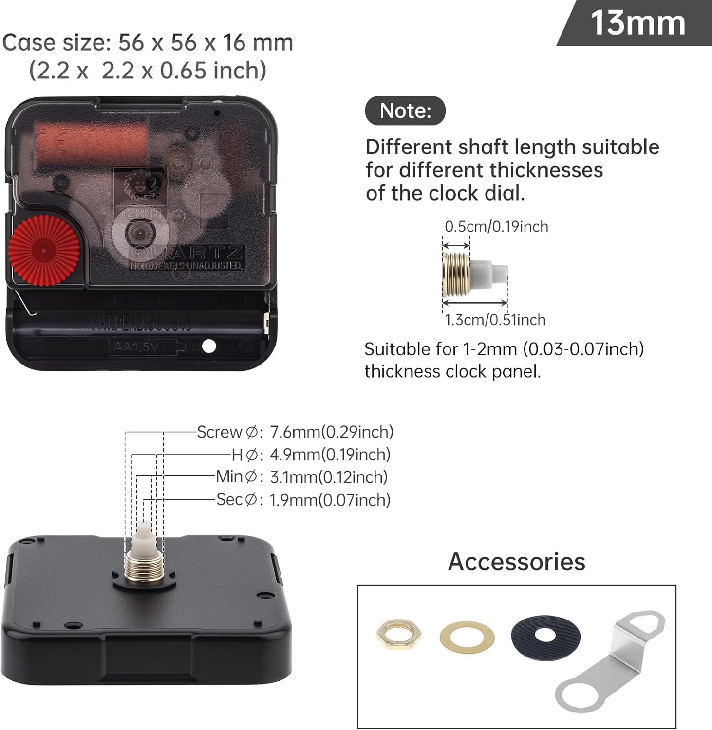 12888 Sweep Silent Clock Movement Mechanism with 4 Sets Hands for Clock DIY/Repair, 13mm (1/2 Inch) Shaft Length 5mm(3/16 Inch) Thread Length