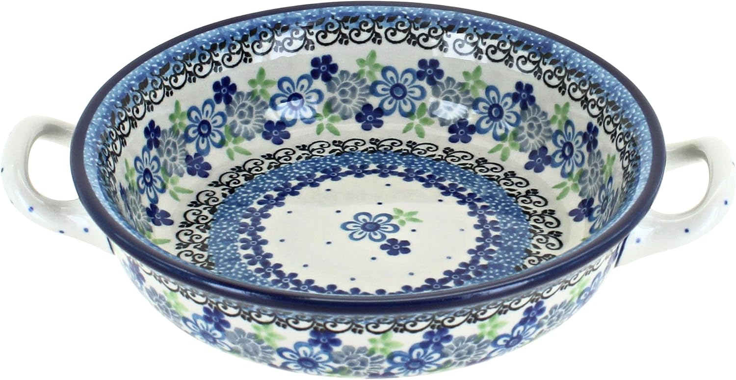 Blue Rose Polish Pottery - Blue Eliza Mini Casserole with Handles - 6.75" Diameter - Unique, Dishwasher Safe, & Durable Bakeware