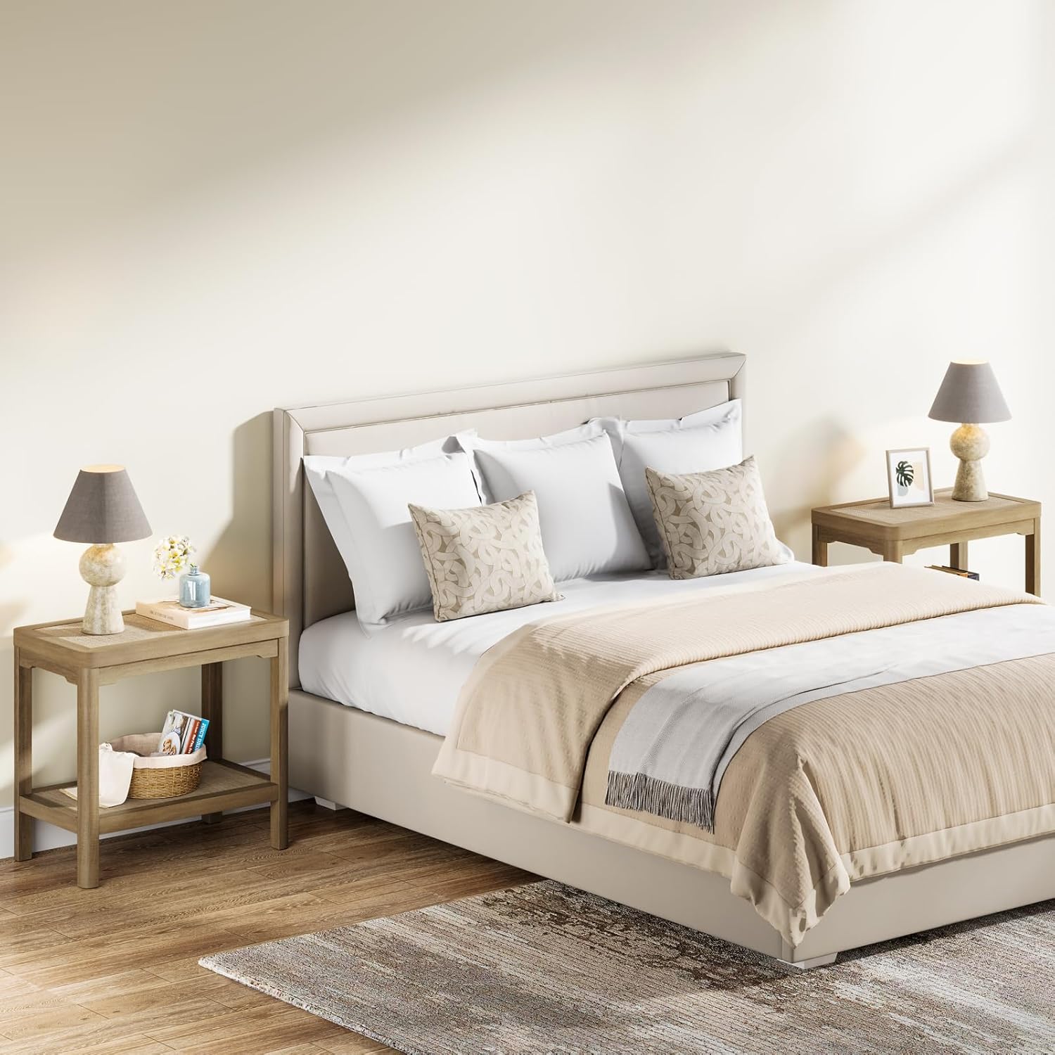 Night Stand Set of 2, Farmhouse End Table with 2 Tier Boho Rattan Shelves, Side Tables Living Room with Round Edge Design, Ultra-Thick Legs Bedside Nightstand for Bedroom, Caramel Oak