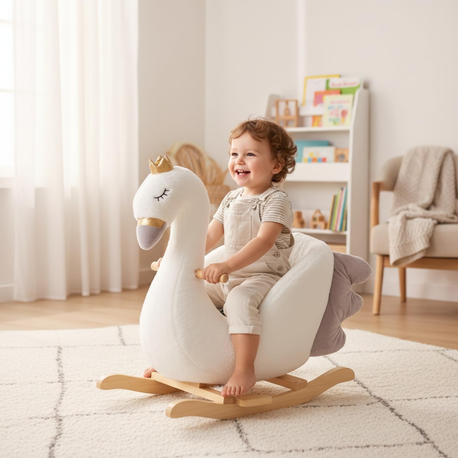 MagiDeal Cavallo a Dondolo Bambini Cavalluccio Dondolante Giocattolo Cavalcabile Seduta Imbottita Stabile Base in Legno Braccioli in Legno Ruote Scorrevoli, 60 32 65cm, Cigno Piccolo