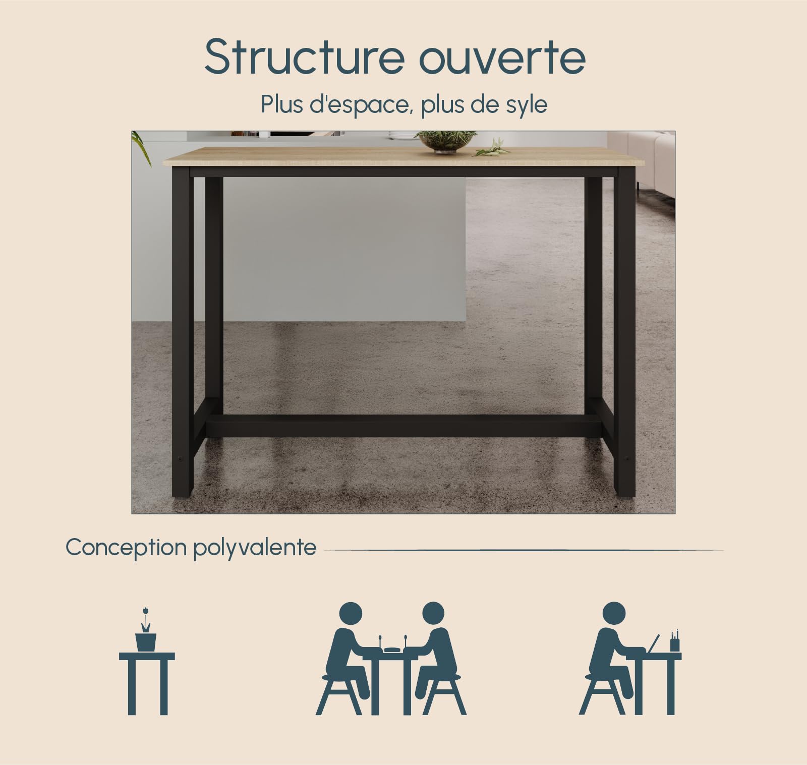 MB Muebles Bonitos | Table de Bar Haute ANI pour 2 Personnes avec Pieds en Métal | Table Cuisine en Mélamine Mate | Couleur Noir et Sonoma | 140x100x40 cm
