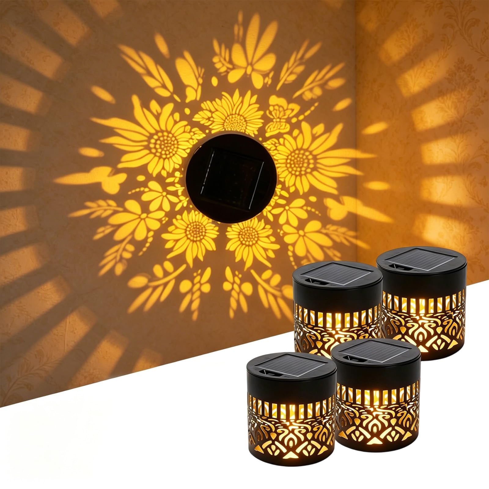ELMVAR Solar Mandala Wall Light, 2026 New Solar Mandala Lights Outdoor, Waterproof Fence Light, Shadow Projection Landscape Lighting for Garden Post Patio Backyard Yard Decor (Sunflower*4)