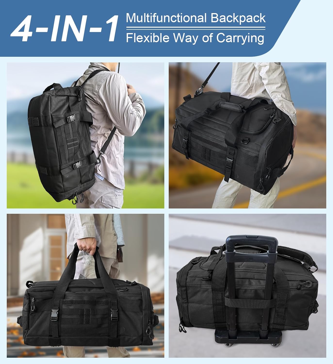 50L Large Duffle Bag, 3-in-1 Tactical Backpack MOLLE Pack for Sports/Gym/Outdoor, Black - Image 2