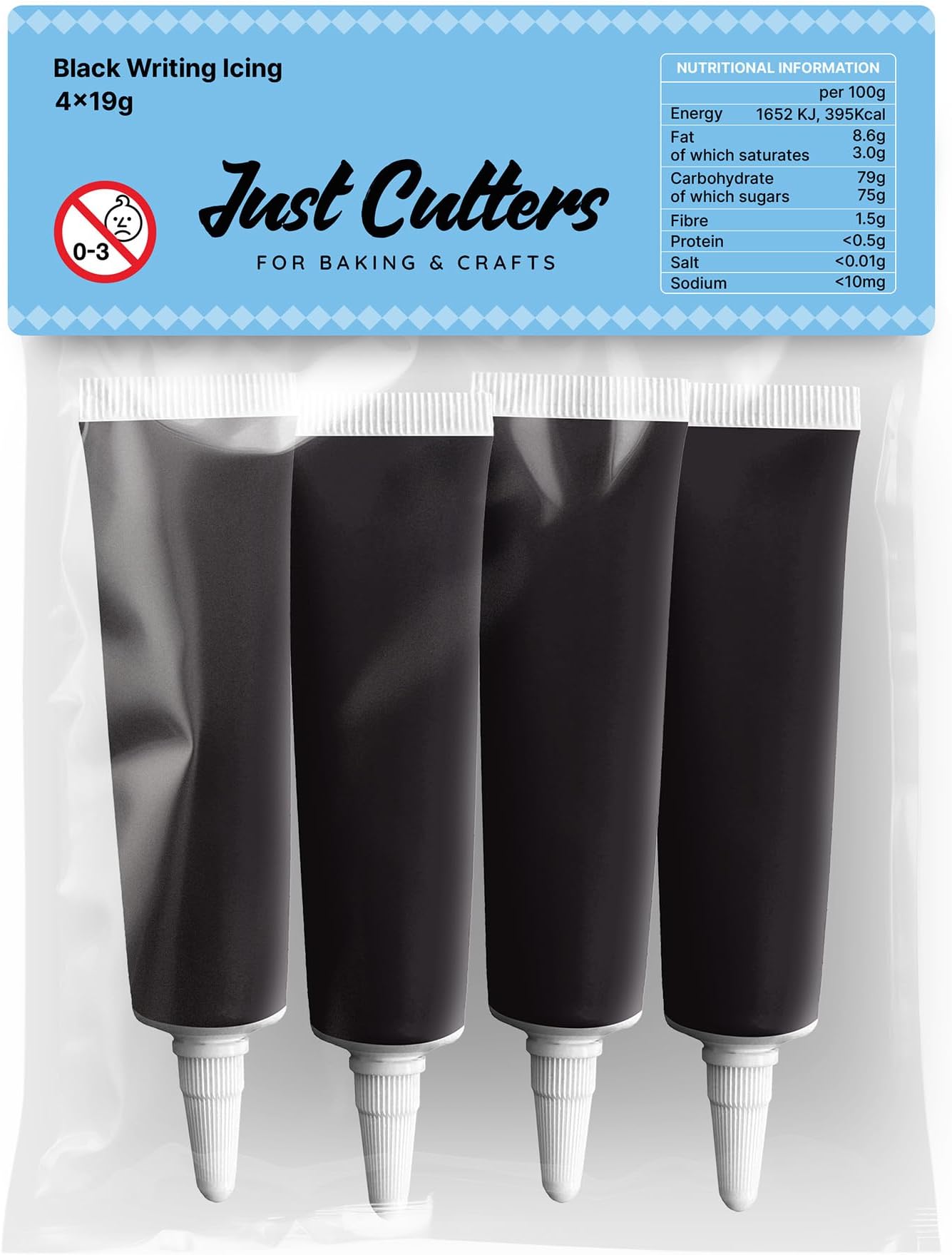 JUST CUTTERS Pack of 4 x 19g Writing Icing Tubes | Ready To Use | Instant Icing Pens for Writing, Drawing & Personalising Cakes, Biscuits & Baking (Black)