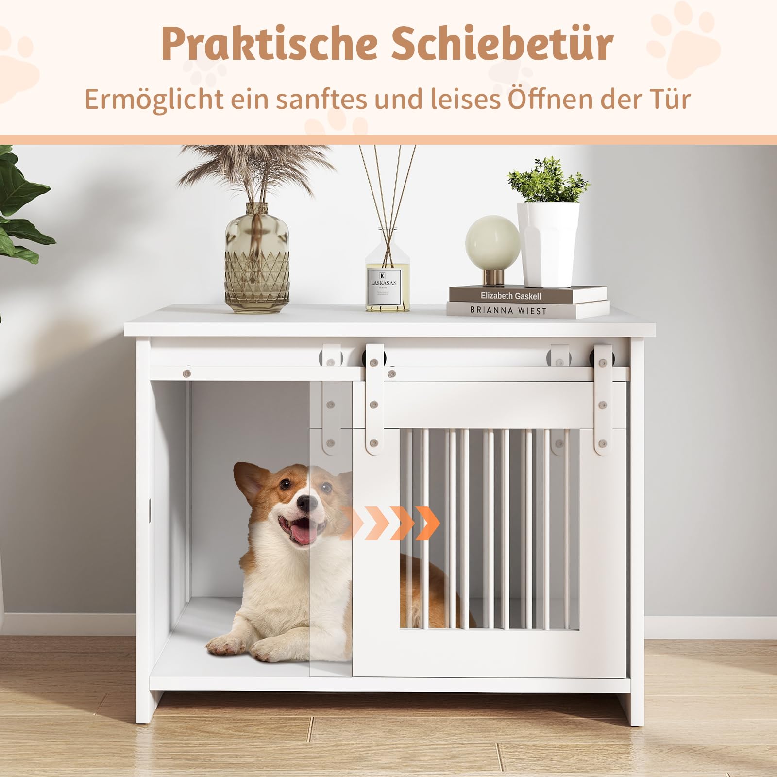 COSTWAY Hundekäfig Möbel, Hundebox für Zuhause, Hundehütte mit Schiebetür, Haustierkäfig aus Metall Holz, Beistelltisch modern, Indoor, für kleine & mittelgroße Hunde, 80 x 60 x 60 cm (Weiß)