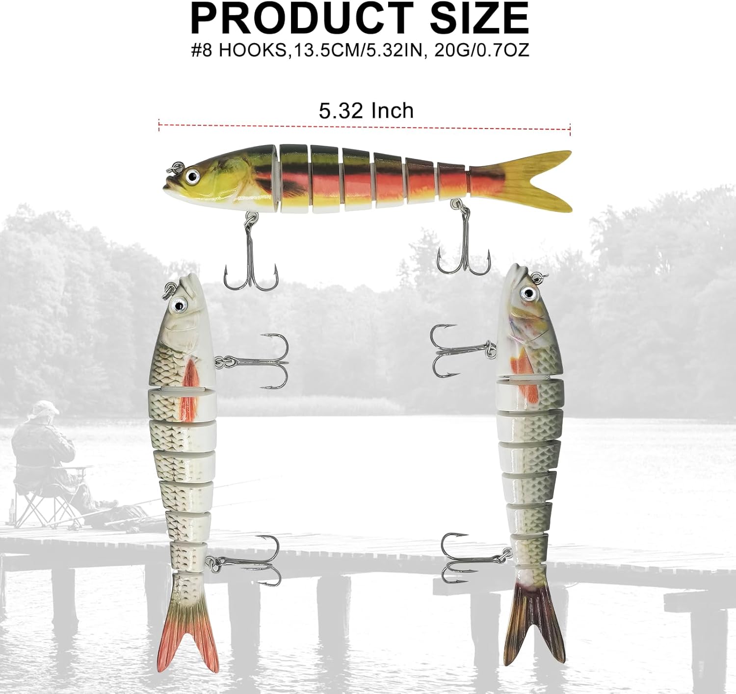 3D Lifelike Swimming Lures, Ideal for Bass, Pike, Walleye and Trout, Multi-Jointed Slow-Sinking Hard Baits with Treble Hooks, Freshwater & Saltwater Fishing Tackle (3-Pack) - Image 4