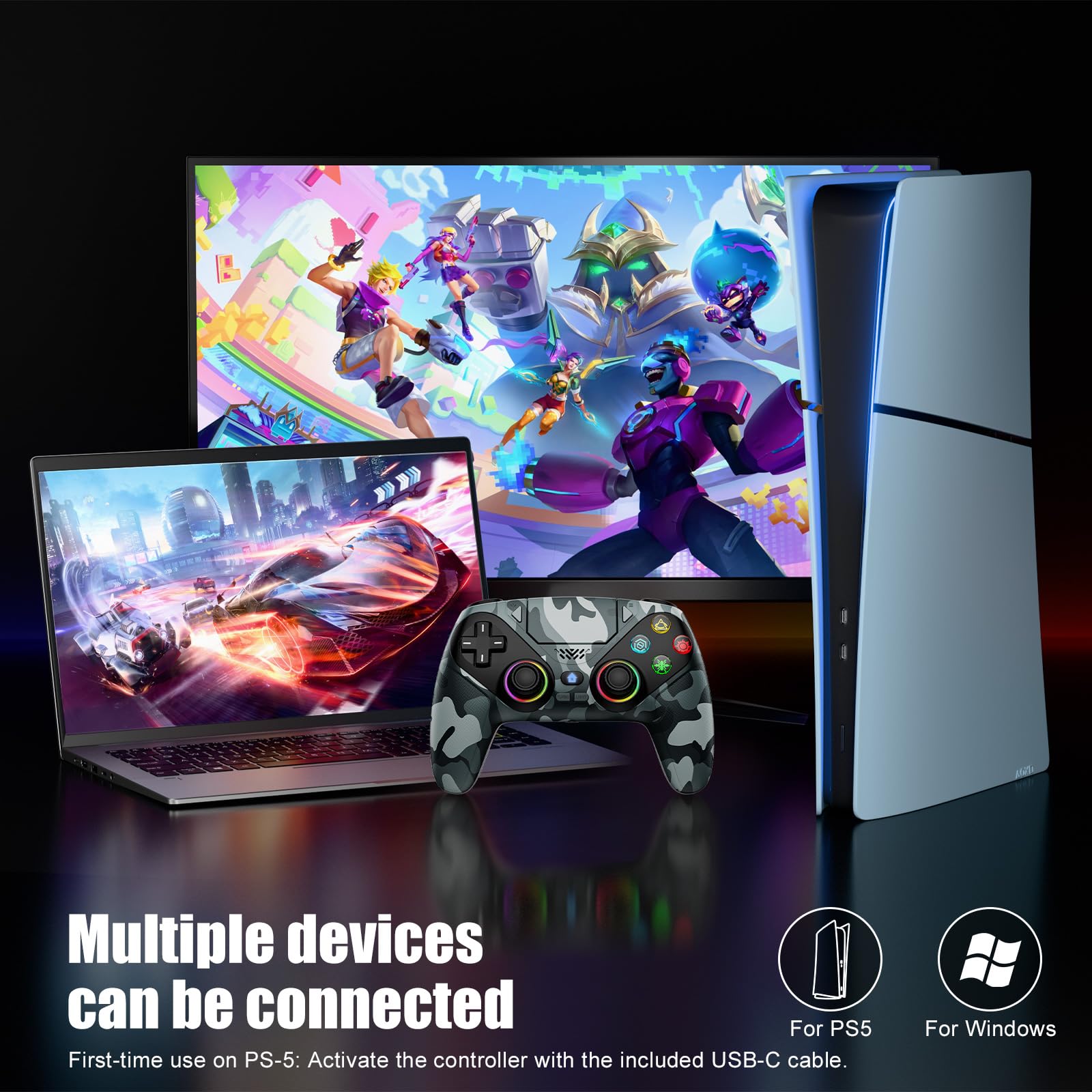 Dinosoo RGB Wireless-Controller für PS5/Pro/Slim/PC, Bluetooth-Gamepad mit Paddles auf der Rückseite, Touchpad, Dual-Motor-Vibration, 6-Achsen-Bewegungssteuerung, Makro- und Turbo-Modus