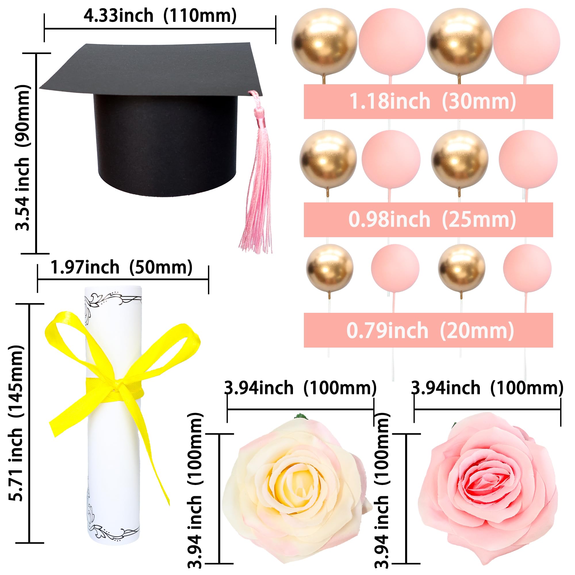 Gyufise 40Pcs 2026 Graduation Cake Topper Decoration Diploma Done Diploma Grad Cap Cake Pick Balloon Flower Prom 2026 Cake Decorations for Class of 2026 Congrats Grad Party Supplies Gold Pink - Image 3