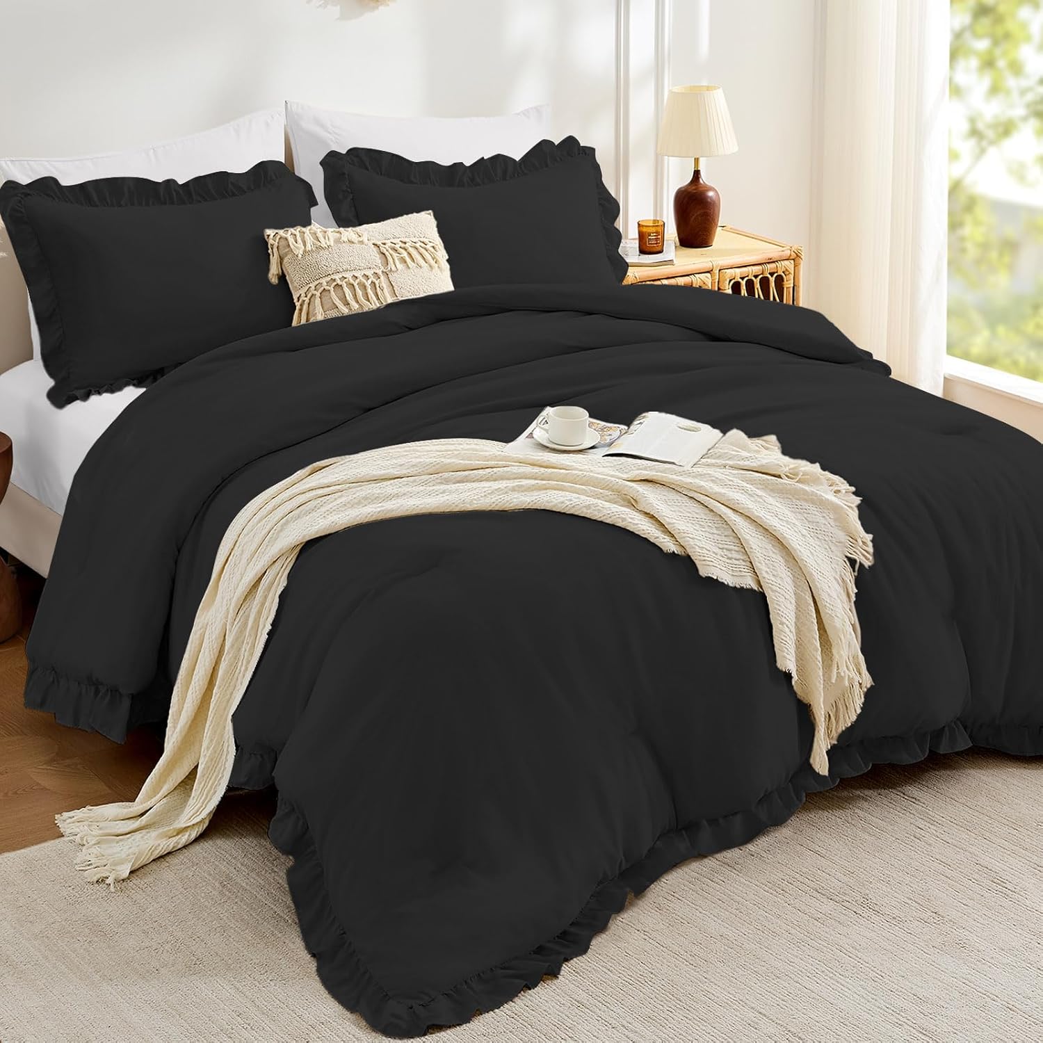 FUANNA Queen Comforter Set Black, 3 Pieces Ruffle Queen Bed Set, Fluffy Bed in a Bag Queen for All Seasons, Shabby Chic Bedding Comforter Sets with 1 Lightweight Comforter & 2 Pillowshams