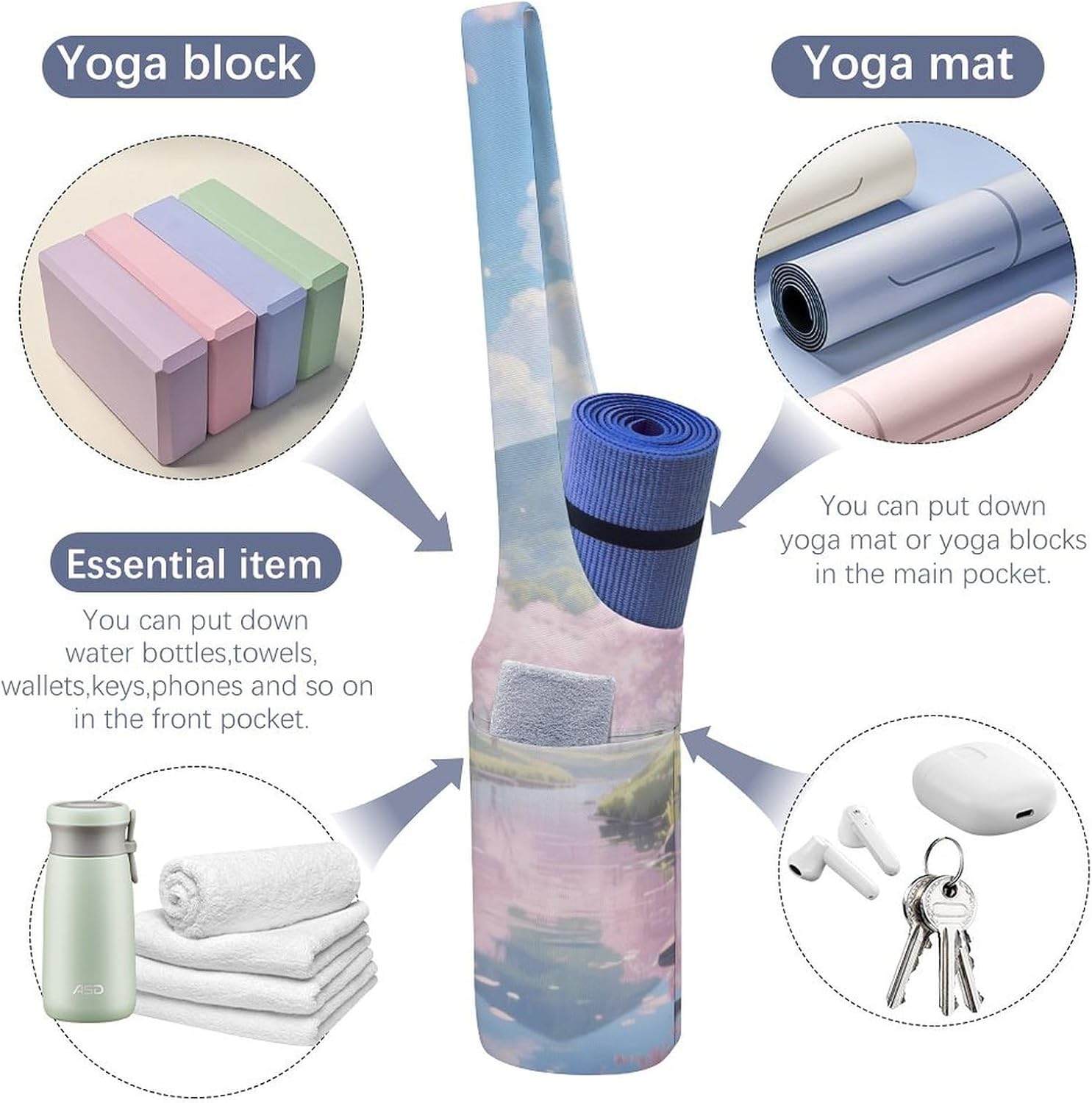 Printed Full-Zip Yoga Mat Bag with Pockets - Yoga Mat Carrier Sling Storage Applies to Yoga Mats for Women & Men