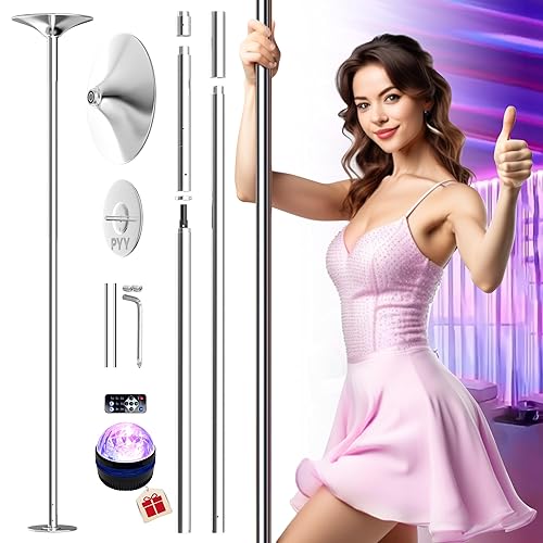 PYY Dance Pole for Home - Adjustable & Portable Stripper Pole for Gym Studio Pub, 45mm Chrome Finish, Spinning & Static Modes, No Drilling Required, Remote LED Lights - 88"-108" - Silver