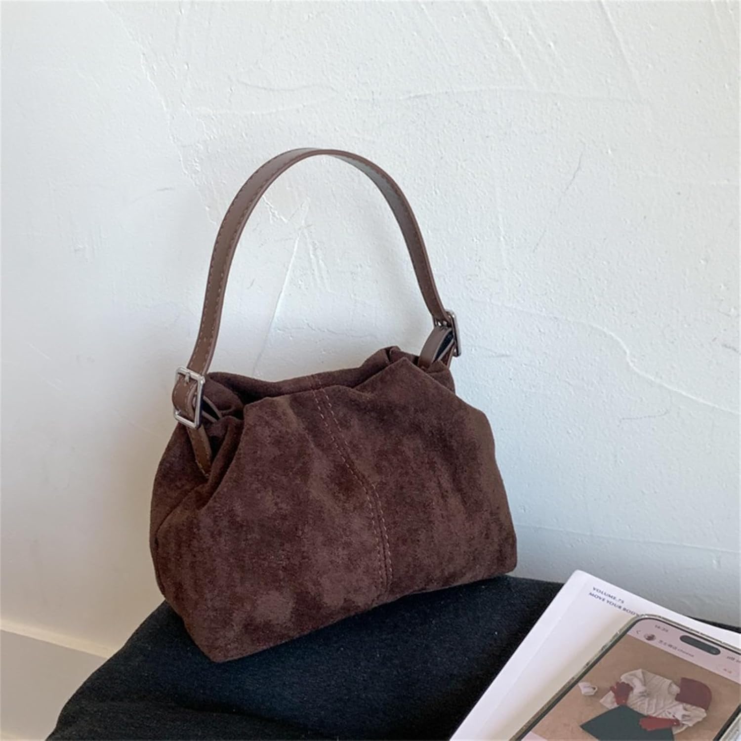 Women Vintage Suede Handbag Small Tote Bag Drawstring Bucket Bag Faux Suede Crossbody Bag Everyday Shoulder Bag Winter Purse - Image 3