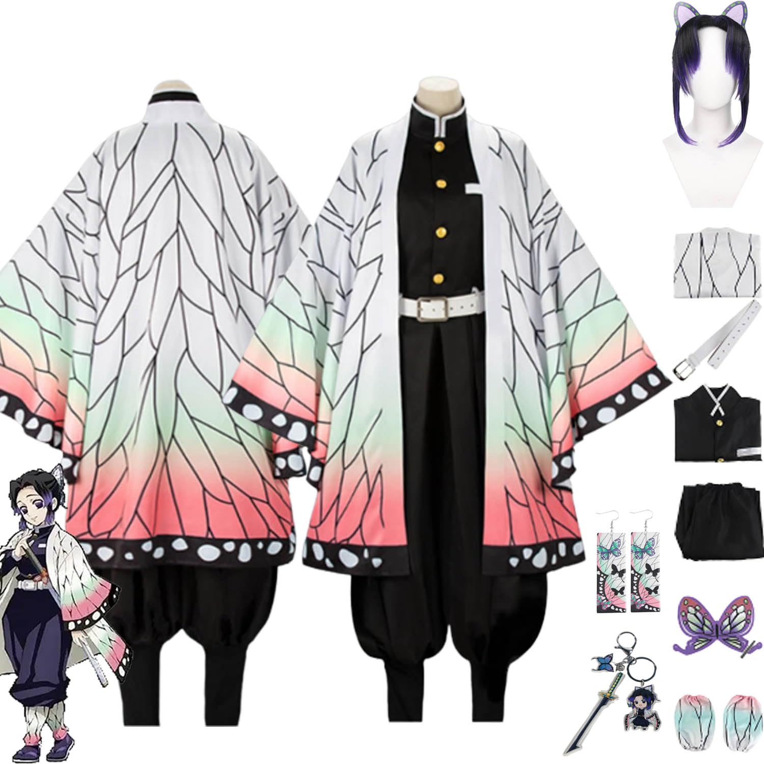 Anime Personaggio Kochou Shinobu Cosplay Costume Vestito Gioco di Ruolo Uniforme Set Completo Halloween Carnevale Festa Dress Up Suit con Parrucca Copricapo per Donne