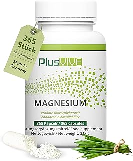 PlusVive Magnesium Kapseln hochdosiert I 1x 365 Kapseln I 700mg Magnesium Hydroxid pro Kapsel I Magnesium aus Meerwasser I mit Papain & Spirulina I Nahrungsergänzungsmittel vegan & laborgeprüft