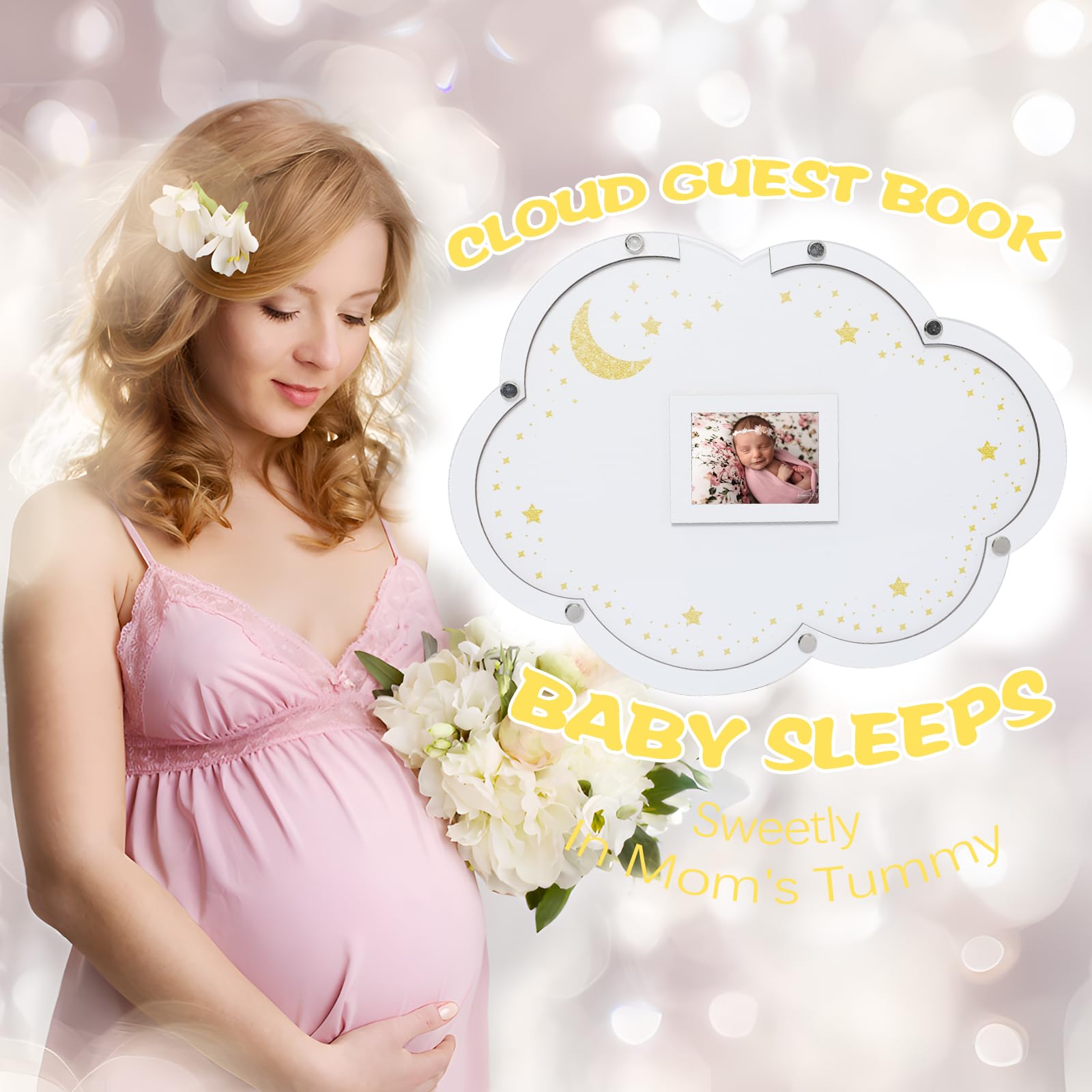 xiheer Alternativas de libro de invitados para baby shower, decoraciones de baby shower con 70 estrellas pequeñas, instrucciones de madera y bolígrafo, marco de fotos para alternativas de libro de