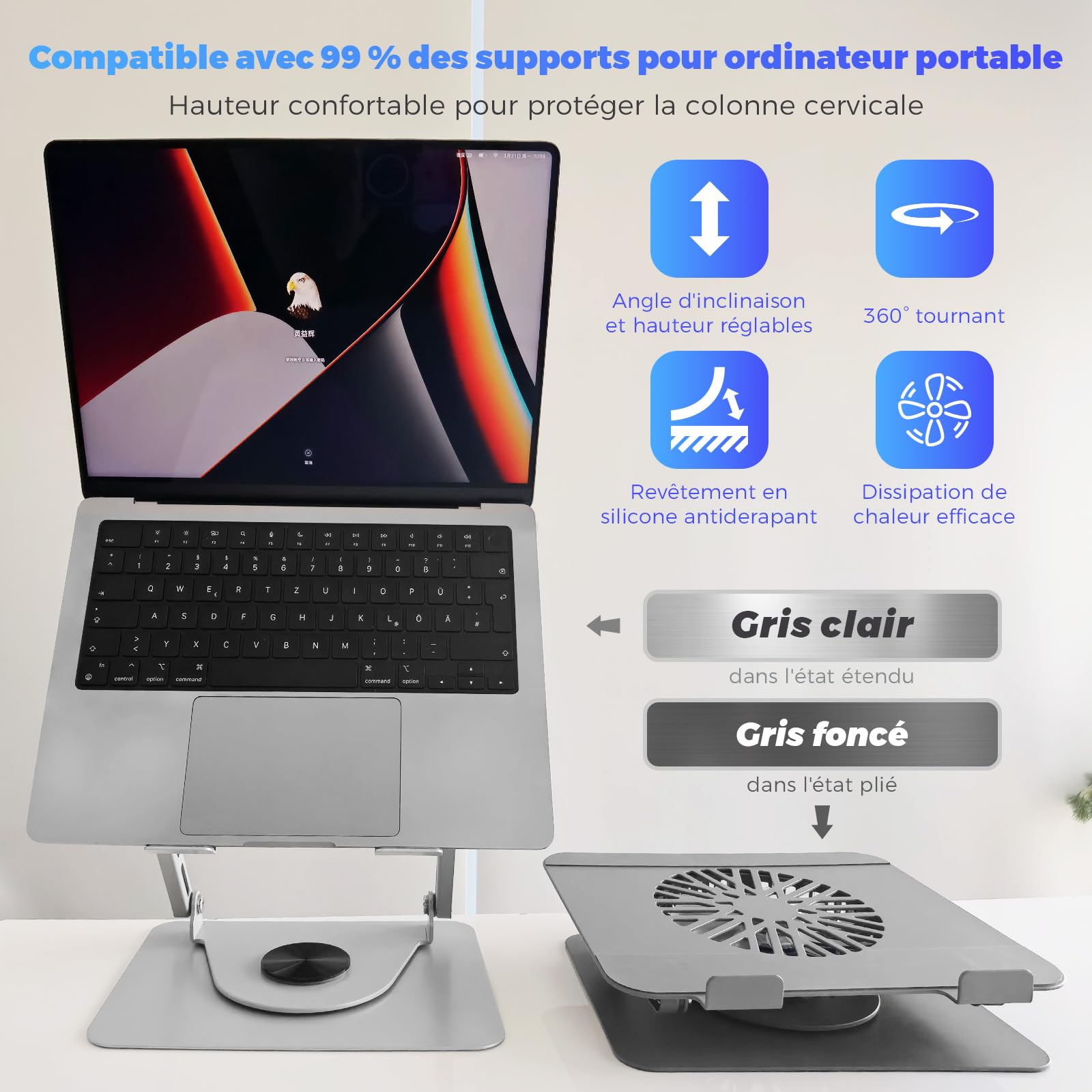 Support pour ordinateur portable en aluminium, rotatif à 360°, pliable, avec ventilateur magnétique pour le refroidissement, compatible avec MacBook et appareils de 10 à 17,3 pouces (gris