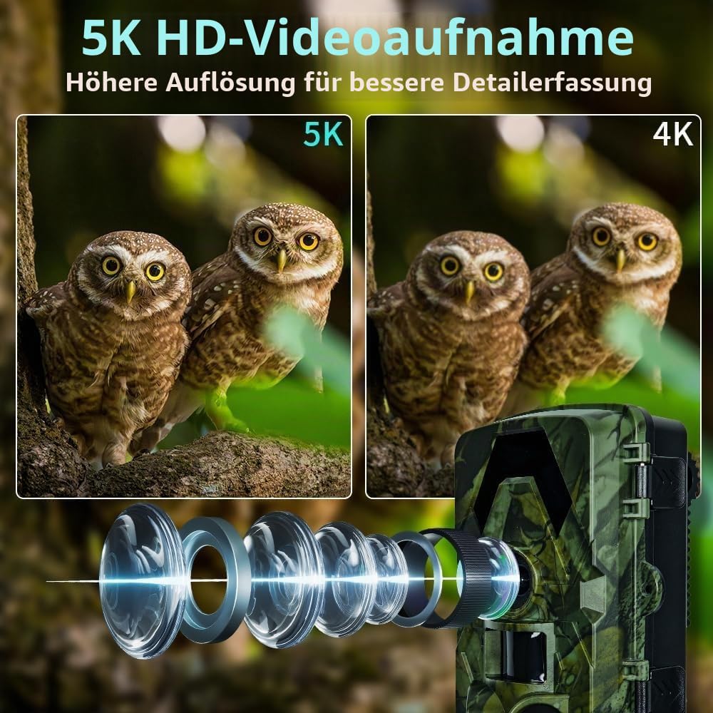 Wildkamera 5K 60MP, 98FT Nachtsicht & 0,05s Auslösezeit, IP66 Wasserdicht, 130° Weitwinkel, Bewegungsmelder, 32GB SD-Karte + 8X AA-Batterien – Ideal für Garten, Jagd & Outdoor