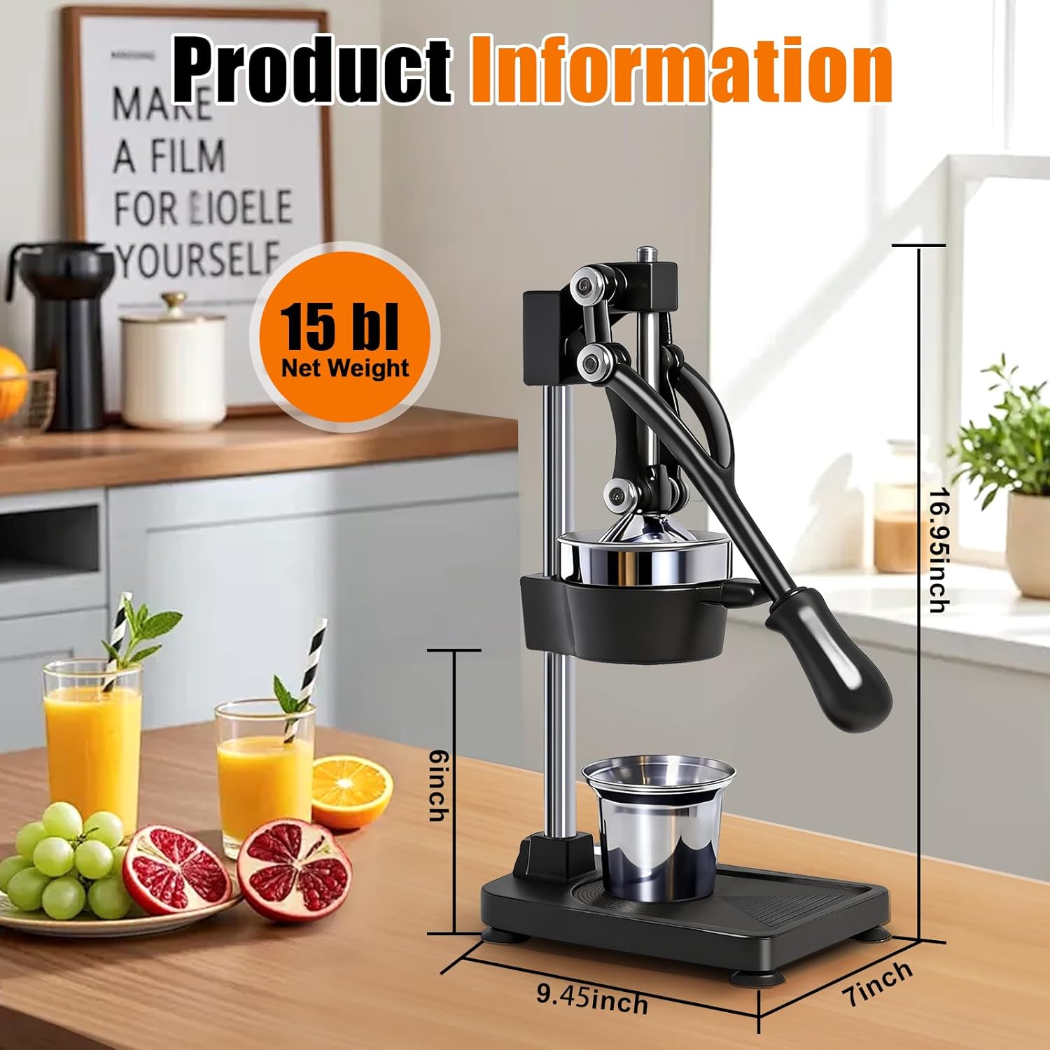 manual cast iron citrus juicer,commercial hand press,heavy duty countertop squeezer for fresh orange lemon juice,stable when pressed,easy to use & clean (black)