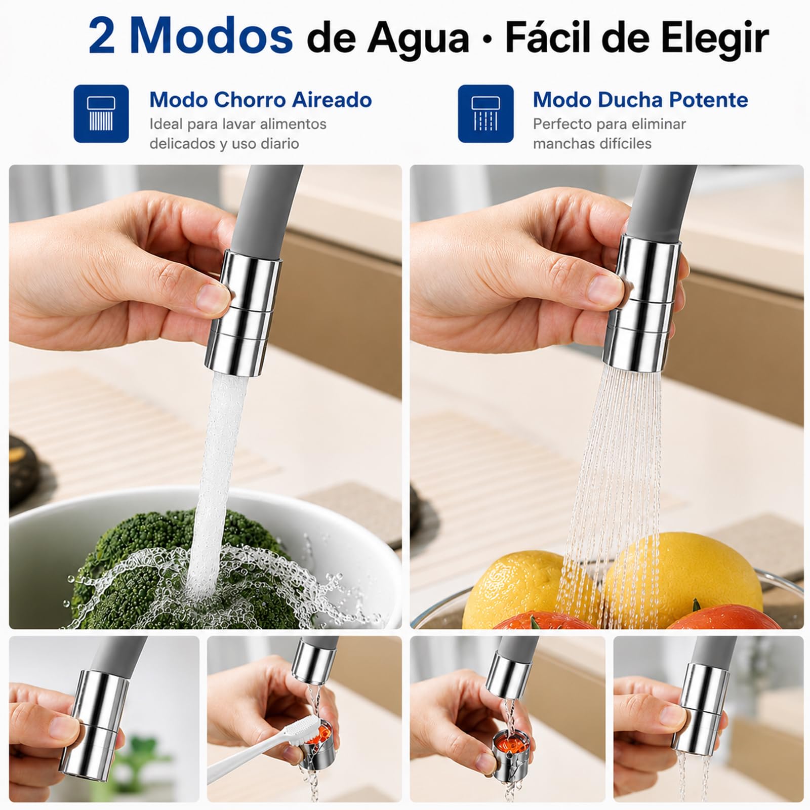 Grifo de Cocina 3 Vías para Ósmosis, 2 Modos de Agua, Cromado | Agua fría, caliente y filtrada | Canal independiente | Latón macizo | Giro 360° | Compatible con ósmosis