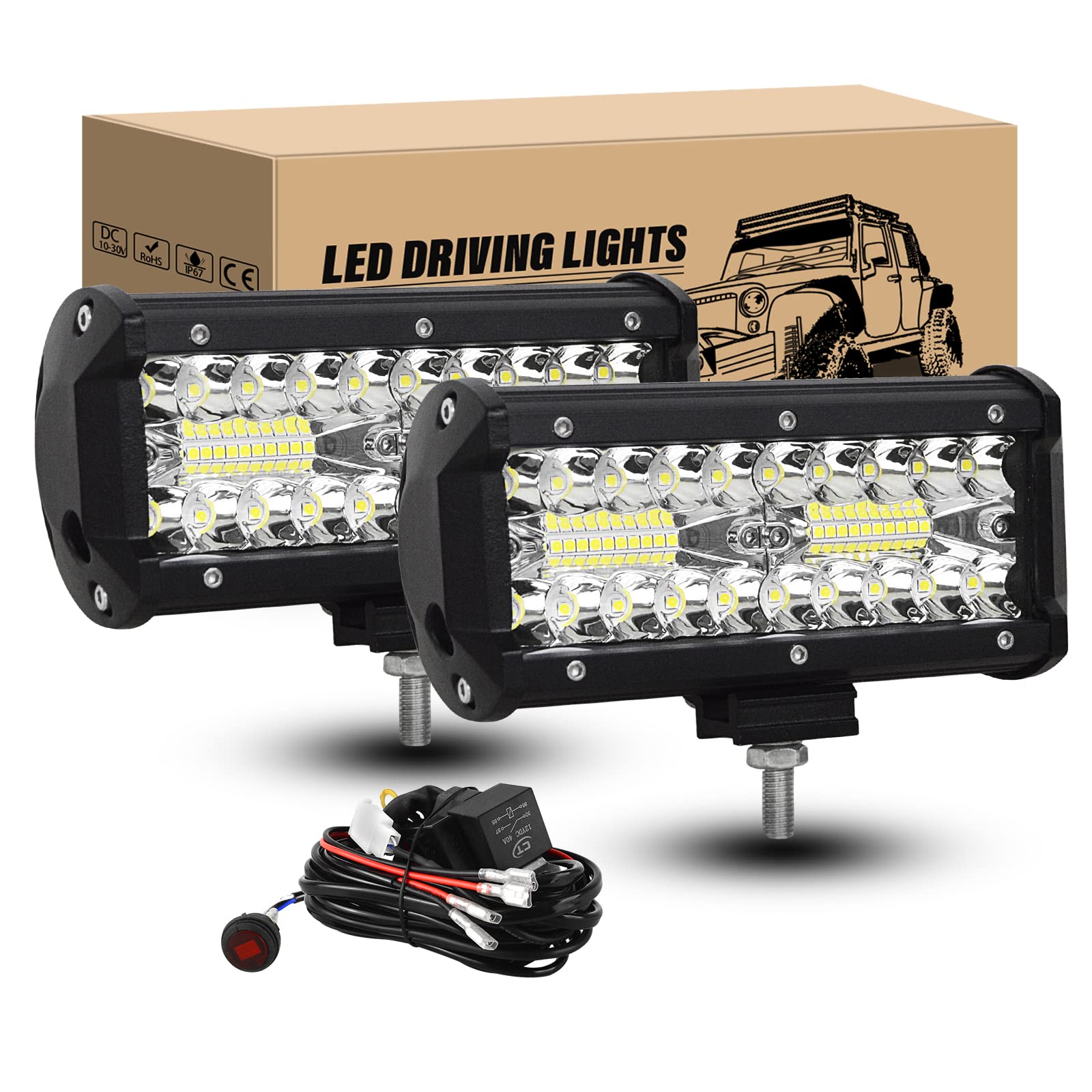 RIGIDON 2 szt. 18 cm 120 W LED reflektor z wiązką przewodów 12 V, listwa świetlna LED, oświetlenie robocze, wodoszczelne, do samochodów terenowych, traktorów, SUV, samochodów ciężarowych, 6002 K,