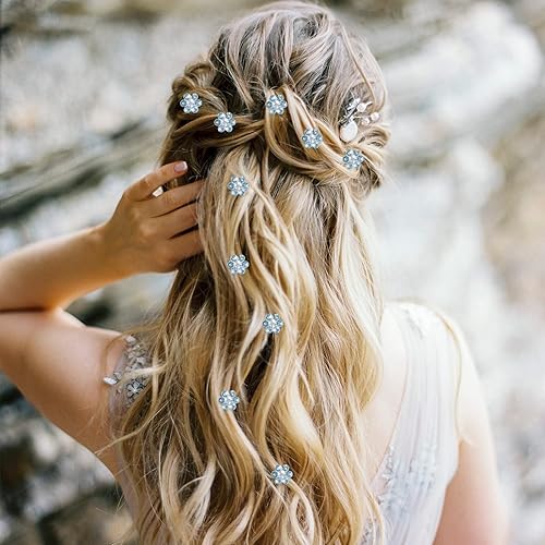 Miniatura 4 de YISSION 20 pinzas para el pelo con flores de diamantes de imitación, lindas horquillas azules pequeñas decorativas para el pelo de boda, pasadores