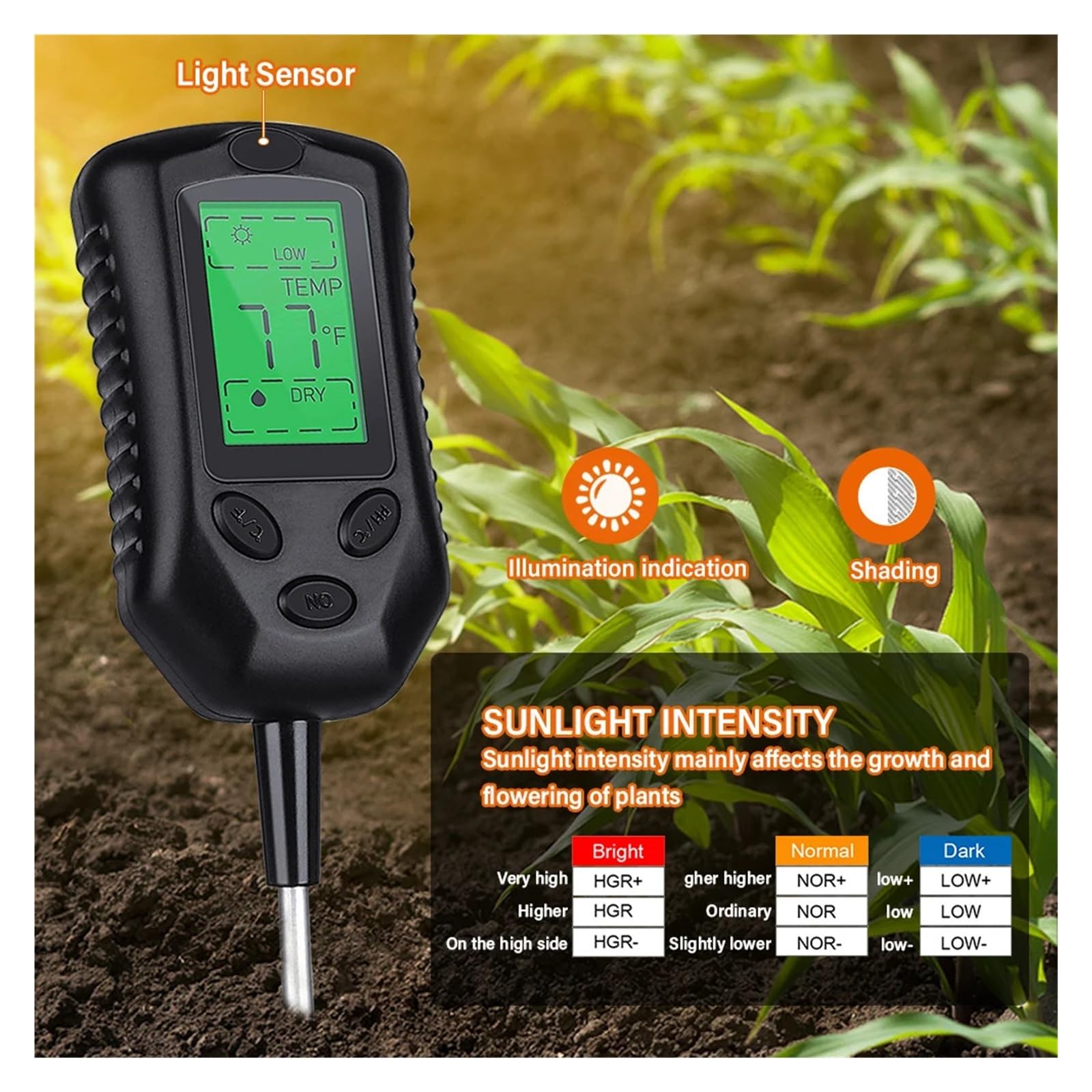 Medidor de humedad del suelo Medidor De PH Del Suelo 4 En 1, Monitor De Humedad, Probador De Luz Solar, Termómetro, Plantas De Jardinería, Sensor De Suelo De Flores Con Luz Negra Fiable y Preciso