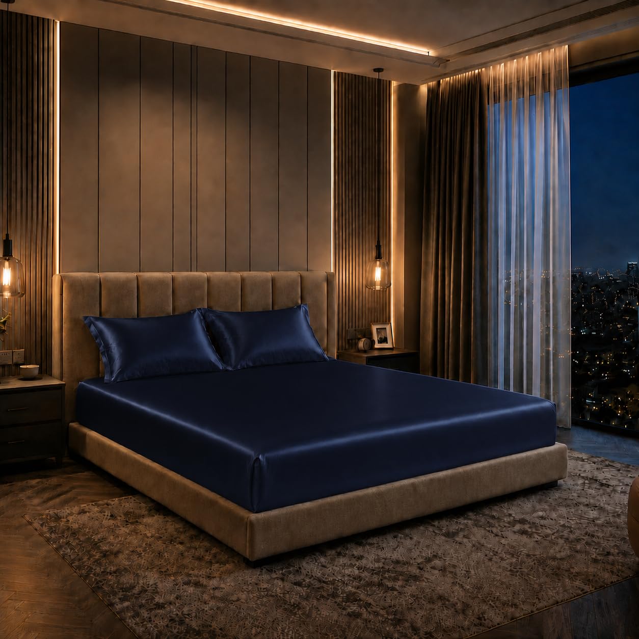Cloth Fusion Satin Elastic Fitted Bedsheets Double Bed, Luxury Queen Size Bed Sheet with 2 Pillow Covers (78X60 inches, Navy)| H603 | 280 TC-picture-23