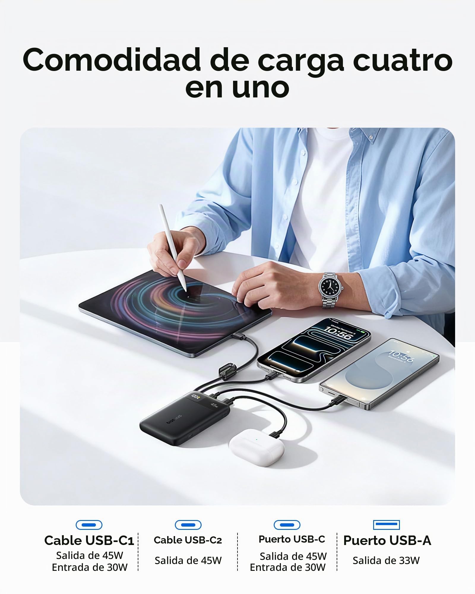 Baseus FC11 Powerbank 45W 10000mAh con 2 cables USB-C integrados, Power Bank Klein CCC Certificación con pantalla LED, baterías externas Mini para iPhone 17/16/15/14 Pro Max, iPad, Samsung