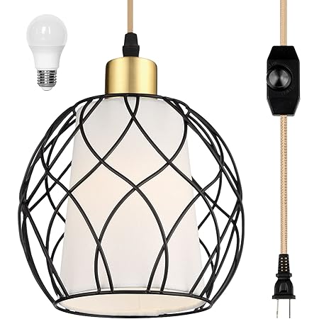 Industrial Farmhouse Pendant Light - Plug-in Hanging Lamp With Rattan Shade & 15ft Cord
