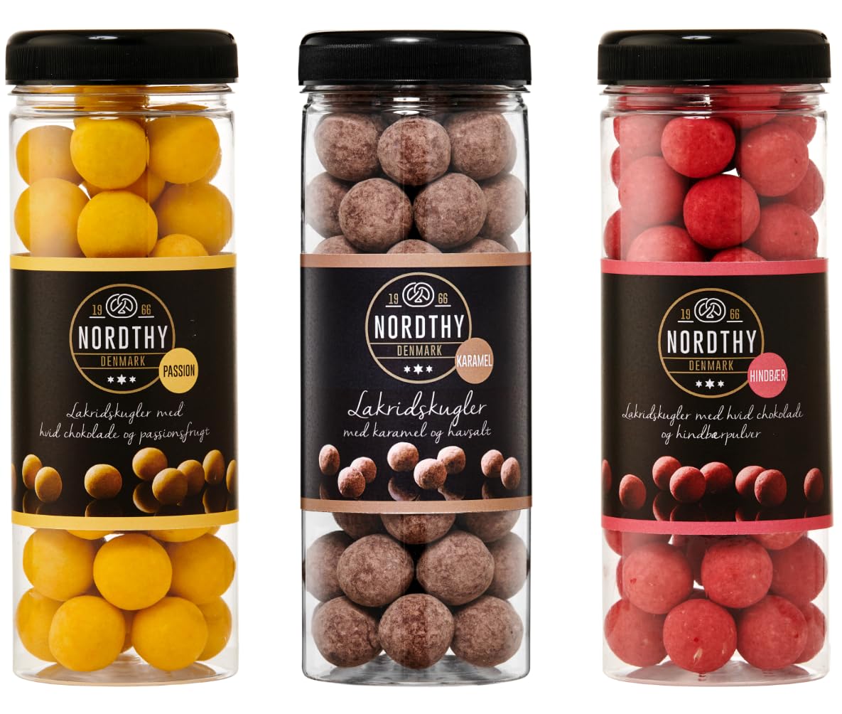 Nordthy Lakritzkugel Geschenkset 3x300g – Gourmet Lakritz in den Sorten Passionsfrucht, Himbeere & Salzkaramell
