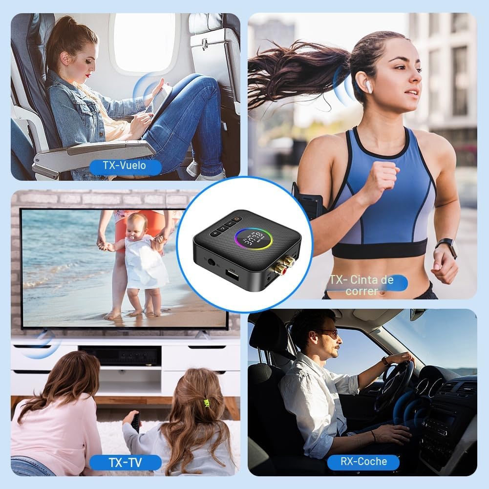 AXFEE USB Bluetooth 5.4 HiFi Receptor y Transmisor Adaptador 2 en 1, Salidas 3.5mm Jack y RCA,con Modo de Graves, para Estéreo/Altavoz/Teléfono/PC/Tableta/Portátil