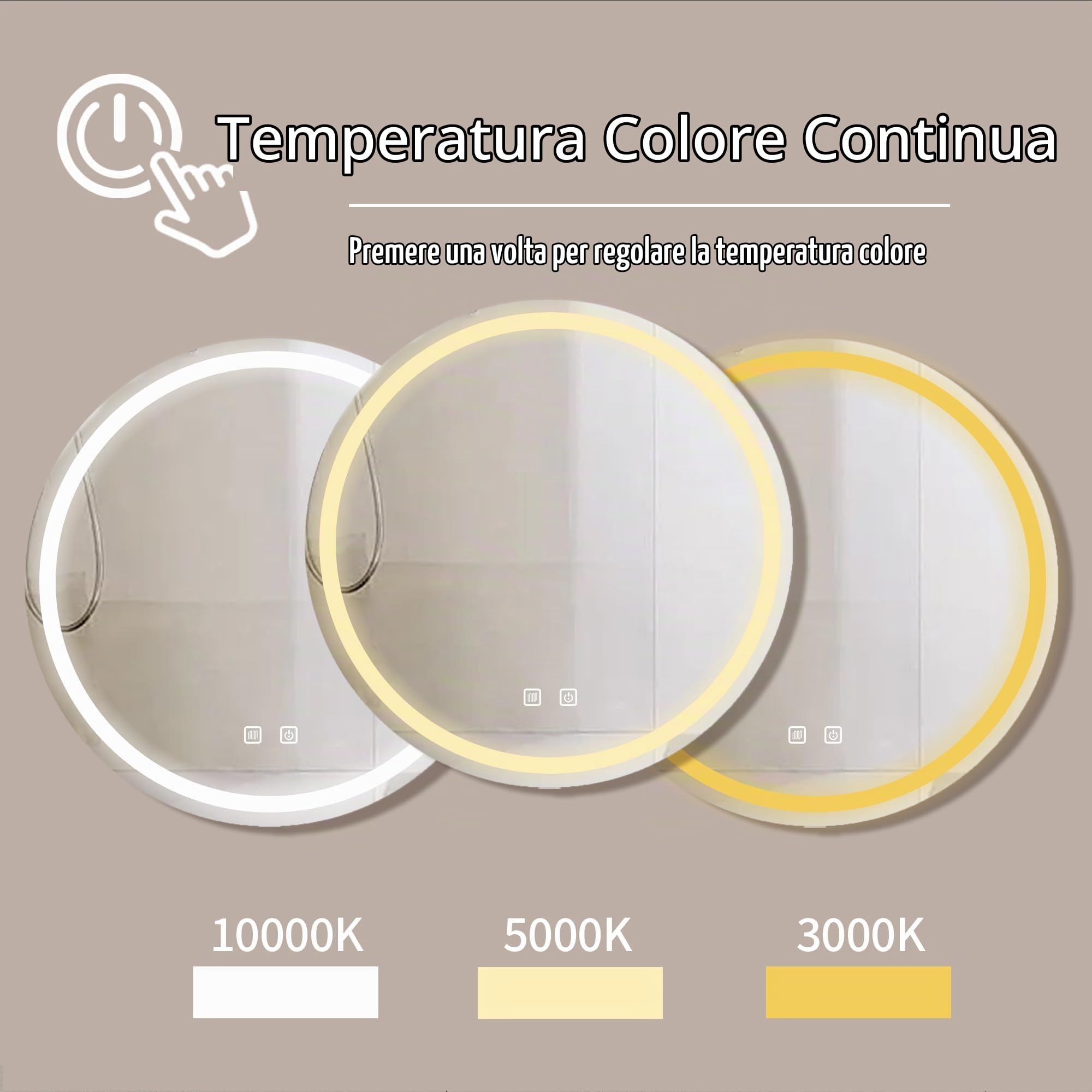 Specchio da Bagno LED con Illuminazione,Specchio Rotondo con Illuminazione,3 Colori di Luce Dimmerabili,Specchio da Bagno con Interruttore Touch e Antiappannamento,3000K-10000K (60 cm)