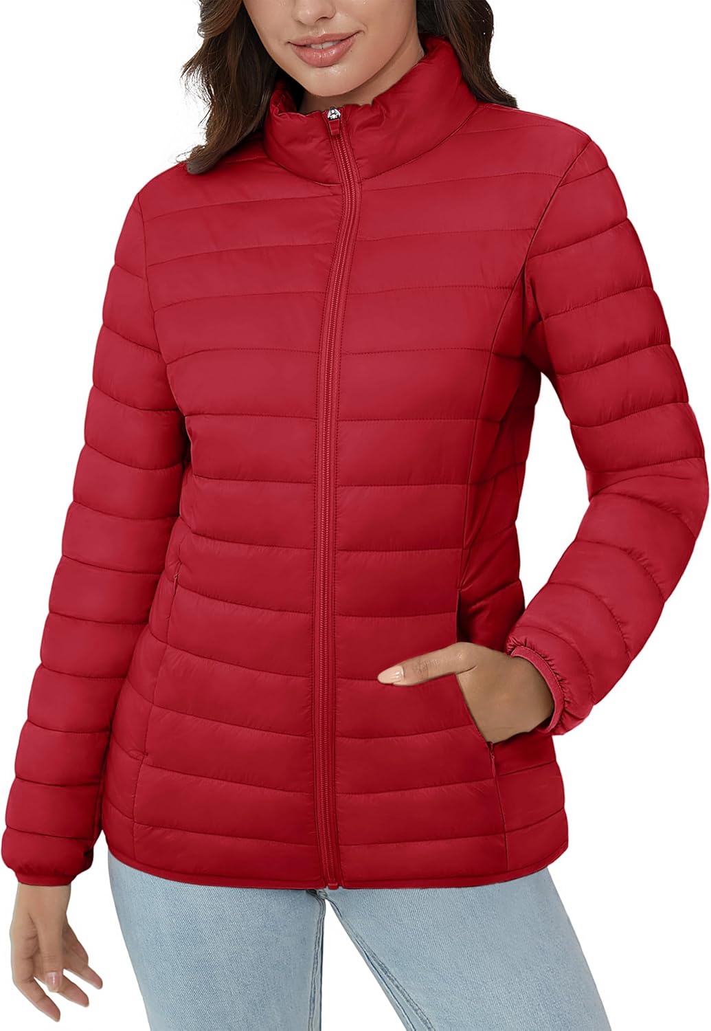 MAGCOMSEN Women's Puffer Jacket Lightweight Quilted Padded 4 Pockets Zip-up Stand-collar Winter Fleece Coat