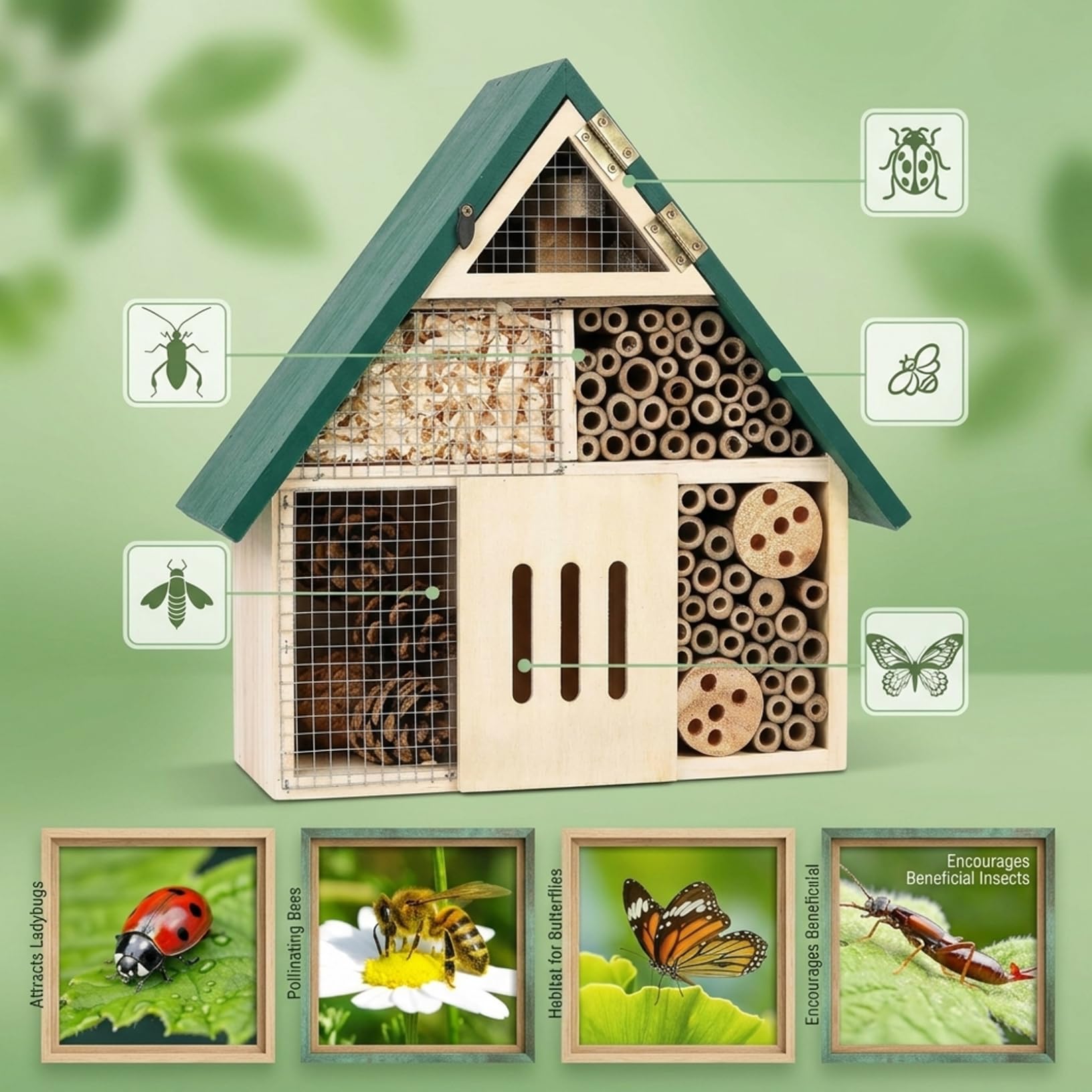 Casetta per api da falegname, per giardino, in legno naturale con tetto verde, habitat sospeso per api muratrici, coccinelle e insetti utili, all'aperto