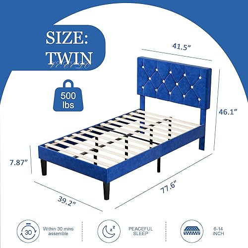 Miniatura 2 de VECELO Base de cama de tamaño individual, plataforma tapizada con cabecera ajustable de diamante, soporte de listones de madera, no necesita somier,