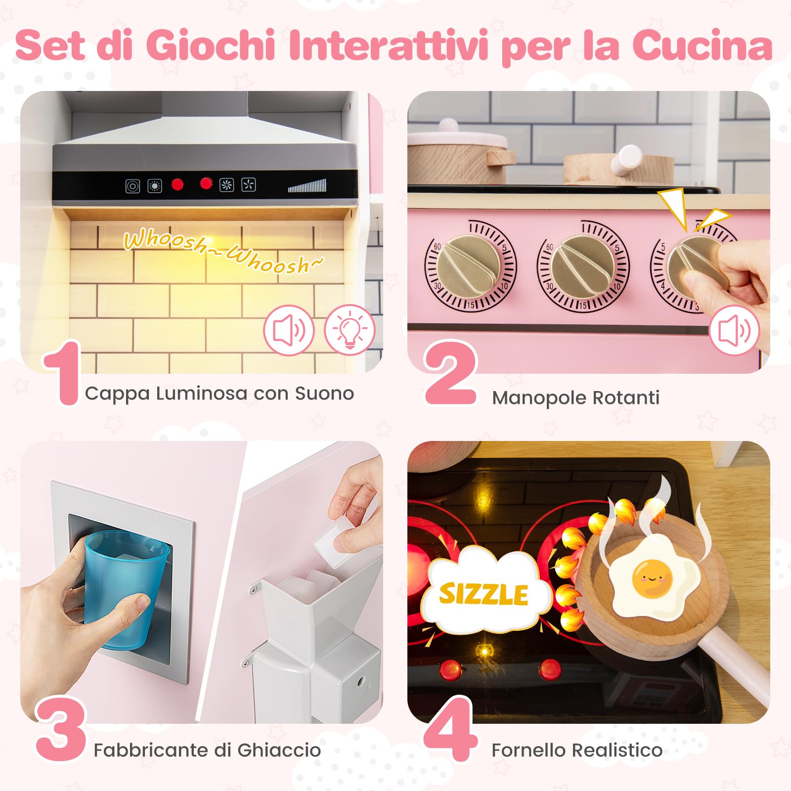 RELAX4LIFE Cucina Giocattolo per Bambini, Mini Cucina in Legno con Luci e Suoni Reali, Utensili da Cucina, Set Giocattoli per Bambini 3+ Anni, 30 x 92 x 98 cm (Rosa)