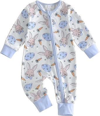 Newborn Infant Baby Boy Easter Clothes Bunny Carrot Eggs Print Long Sleeve Zipper Romper Jumpsuit One-Piece Outfit