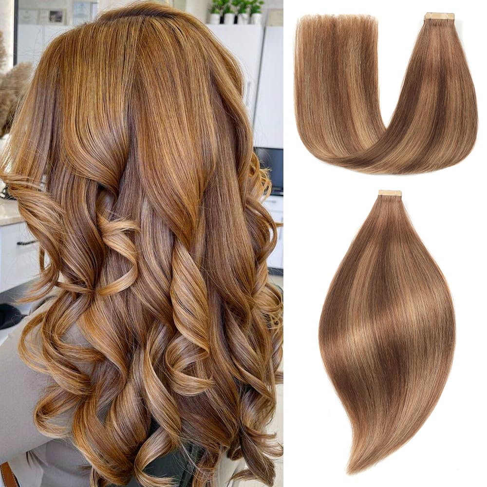 Tape Extensions Echthaar 20pcs Extensions Echthaar 55cm 50g Schokoladenbraun mit Karamellblond Tape In Extensions Echthaar Invisible Echthaar Extensions Tape Für Frauen(22inch,4/4/27#)
