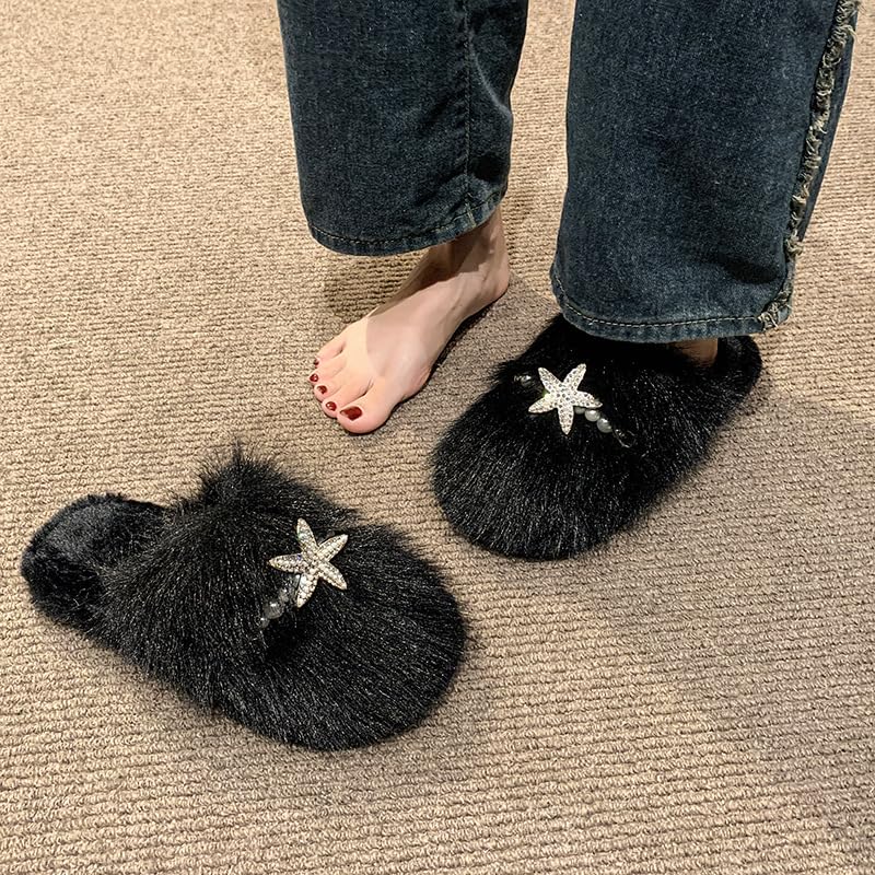 Women's elegant indoor closed-toe slippers, adorned with starfish and plastic pearl decorations, plus plush and non-slip features3