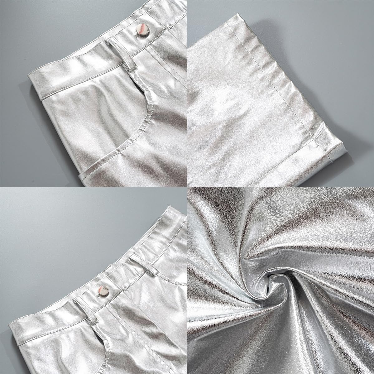 ODIZLI Pantalon holographique métallique brillant taille haute jambe droite en similicuir avec poches pour femme