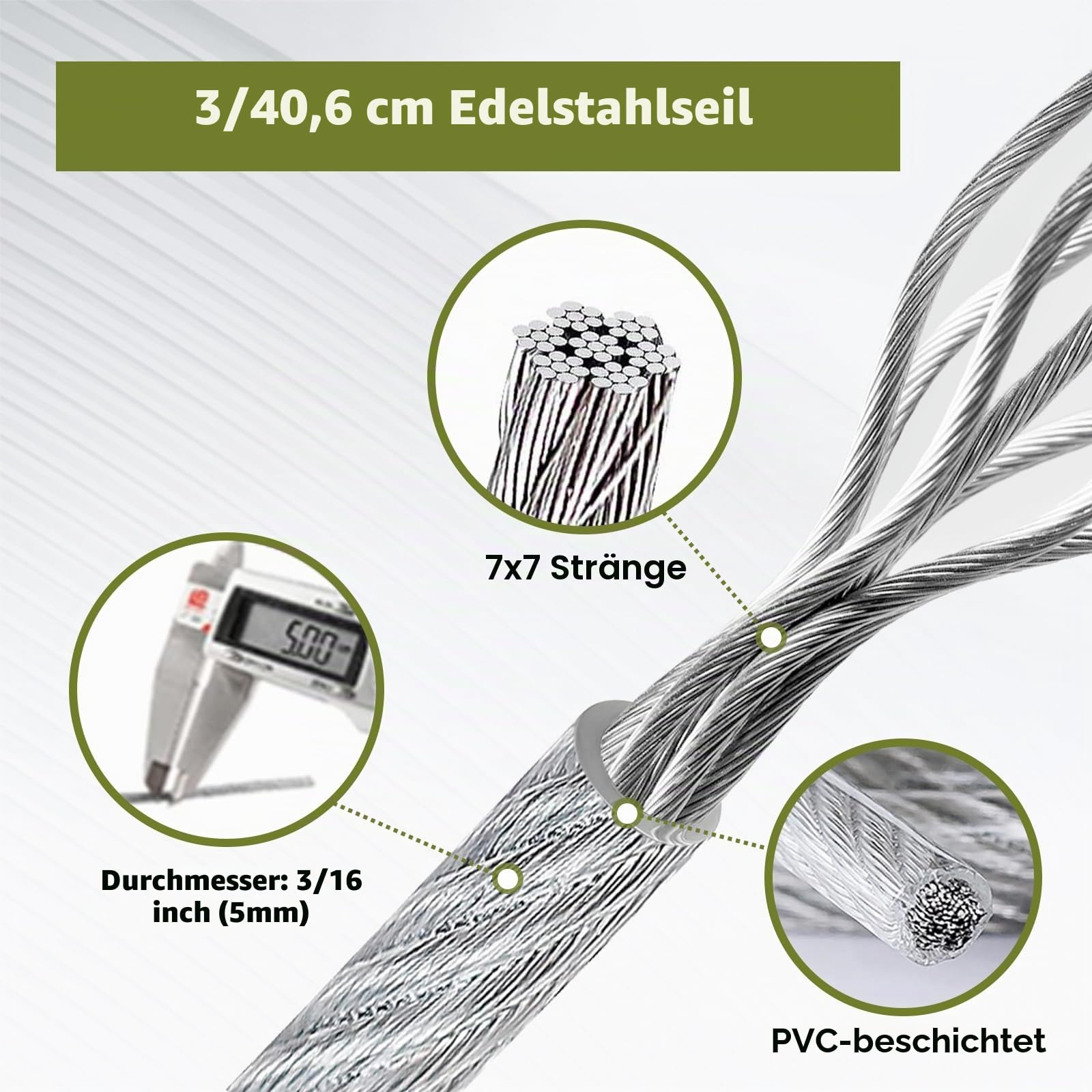 TooTaci Drahtseil 5mm Set, 30M Edelstahl Stahlseil ummantelt, mit M6 Edelstahl Seilspanner Set, Rankhilfe Stahlseil mit ösen, Spanndraht Seilspanngarnitur für Vorhangseilsystem, Gardinenseil, Hängen
